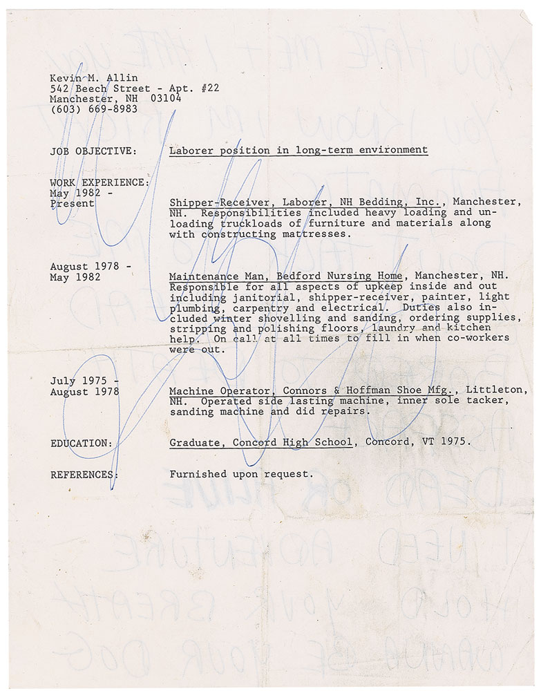 GG Allin’s resume.