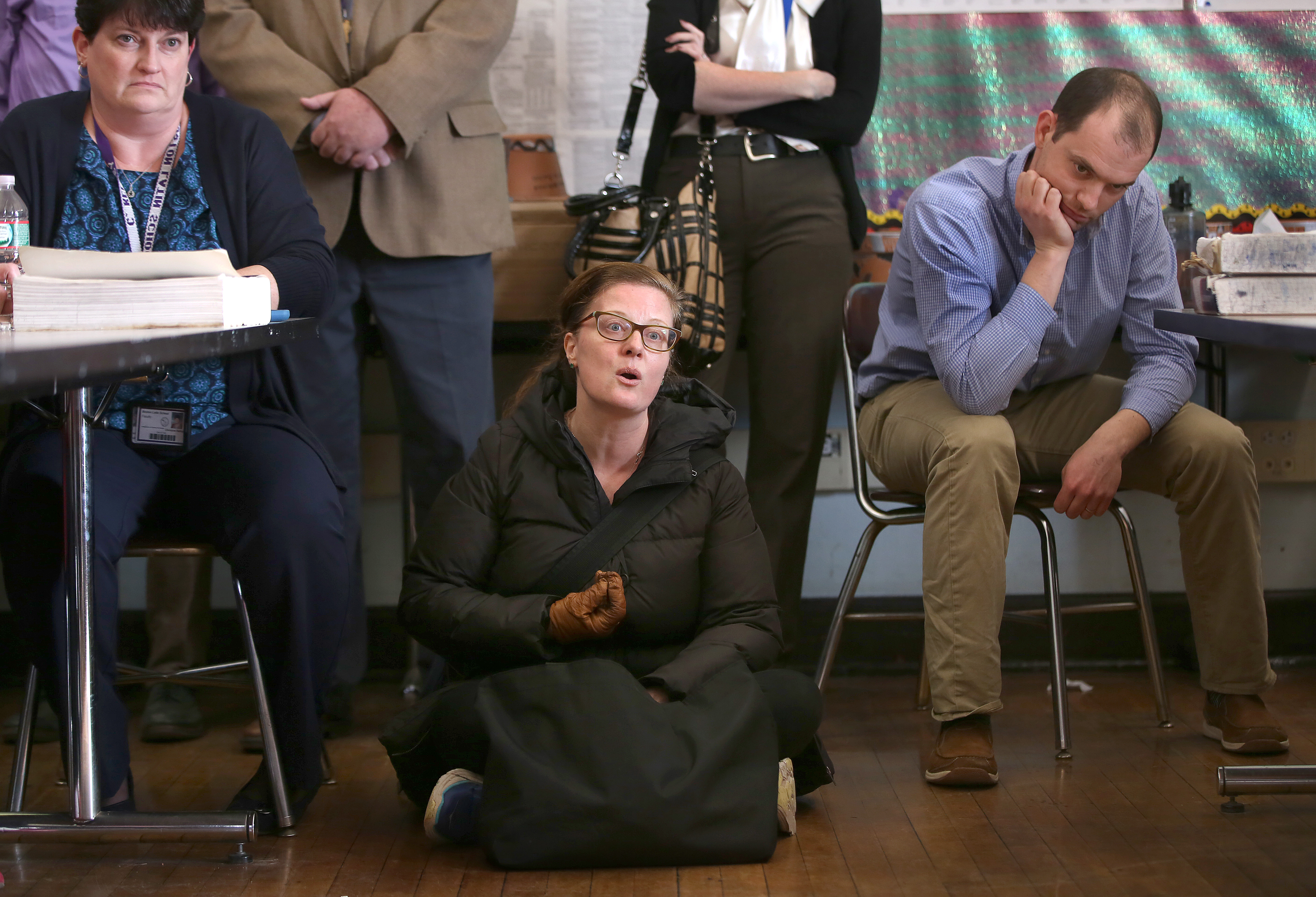 French teacher Jessica Blackler was among the approximately 90 teachers, administrators, and staff members who stayed after school to voice their support for Headmaster Lynne Mooney Teta.
