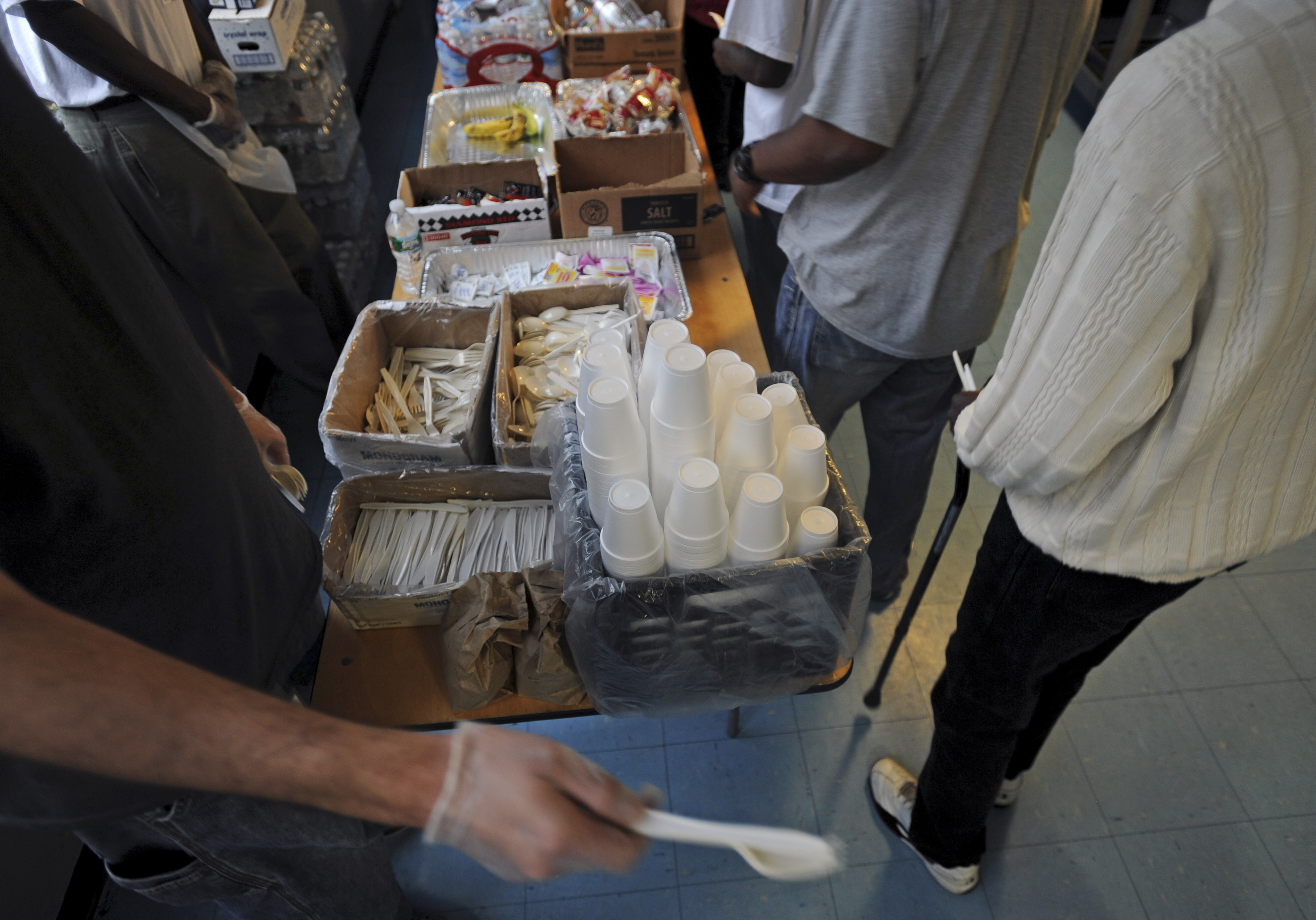 Dinner at the makeshift shelter was Hawaiian chicken, rice, vegetables, macaroni and cheese, fruit, tea and water.