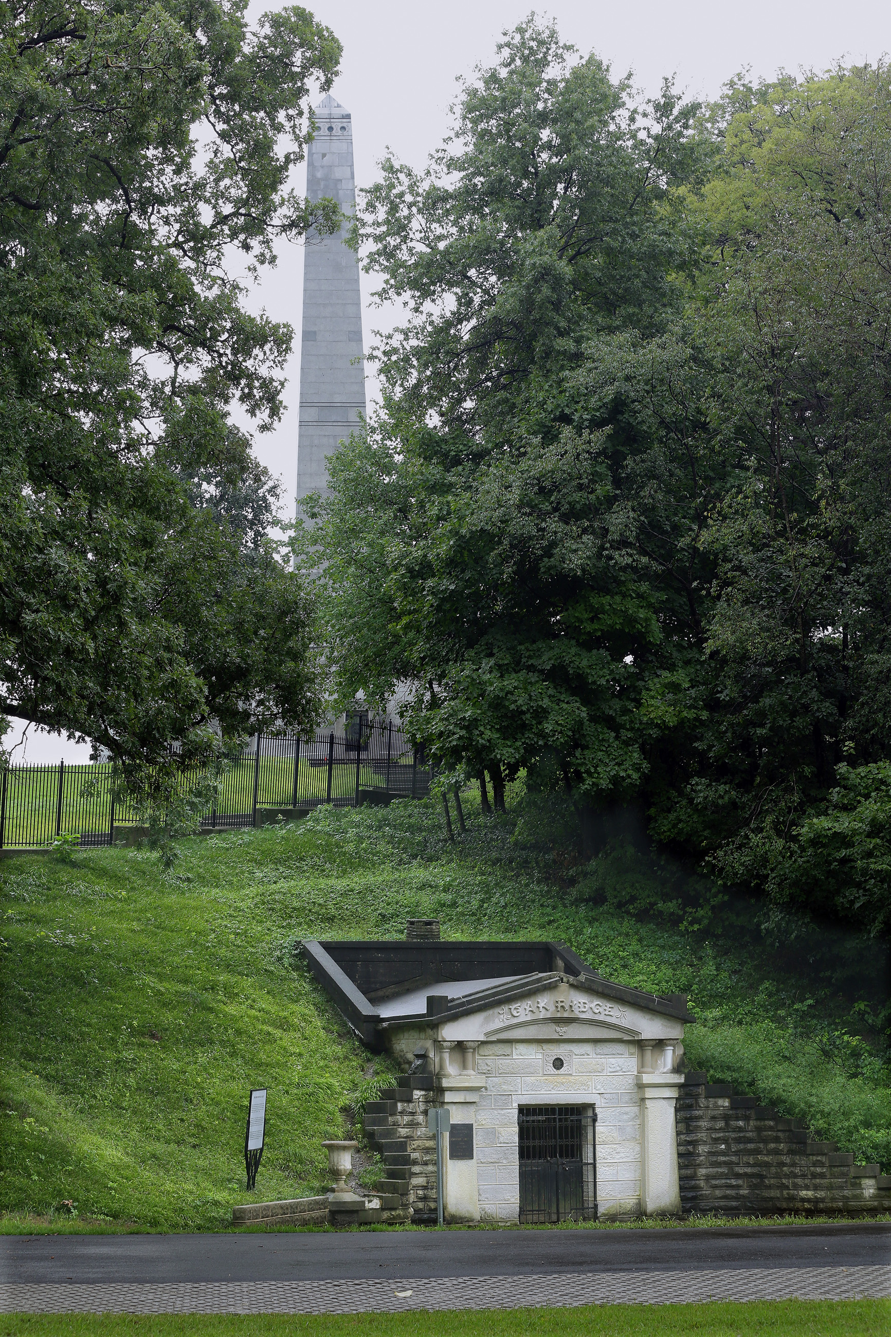 The vault that temporarily held the remains of President Lincoln and his son Willie is being restored at Oak Ridge Cemetery. Behind it rises the Lincoln Tomb.