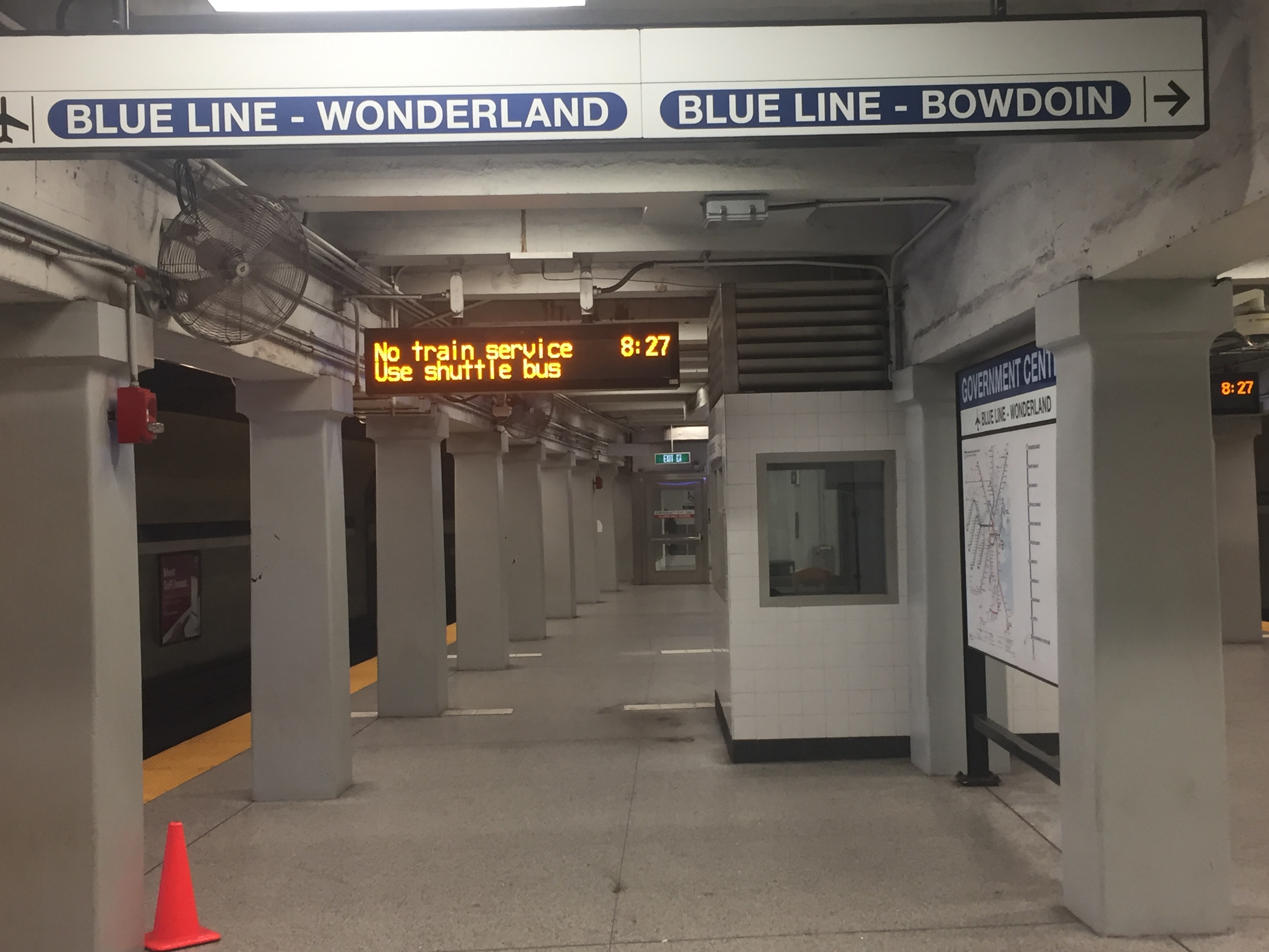 Government Center station was unusually empty during the Wednesday commute after the Blue Line power problem interrupted service.