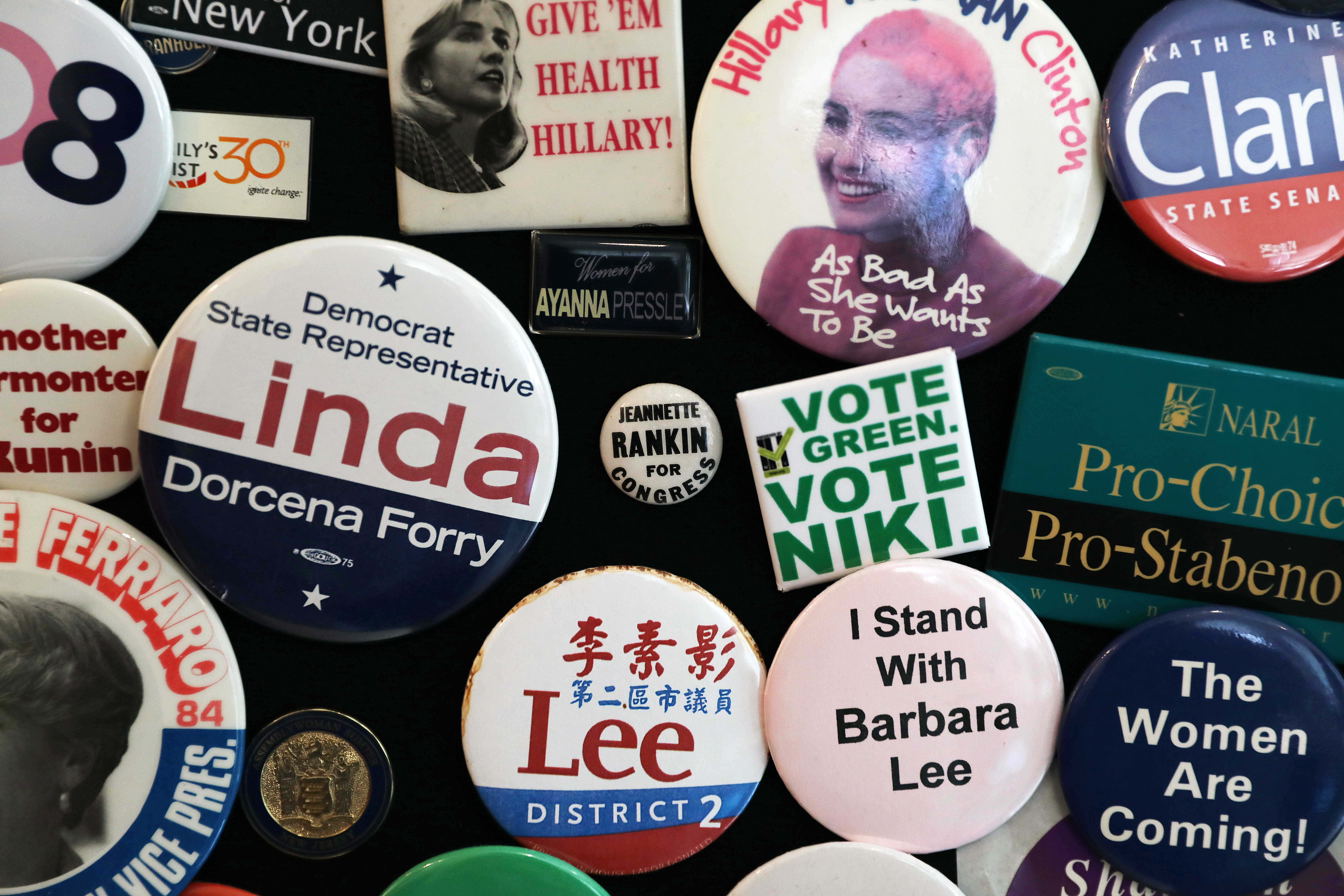 Lee’s collection of campaign buttons on display.