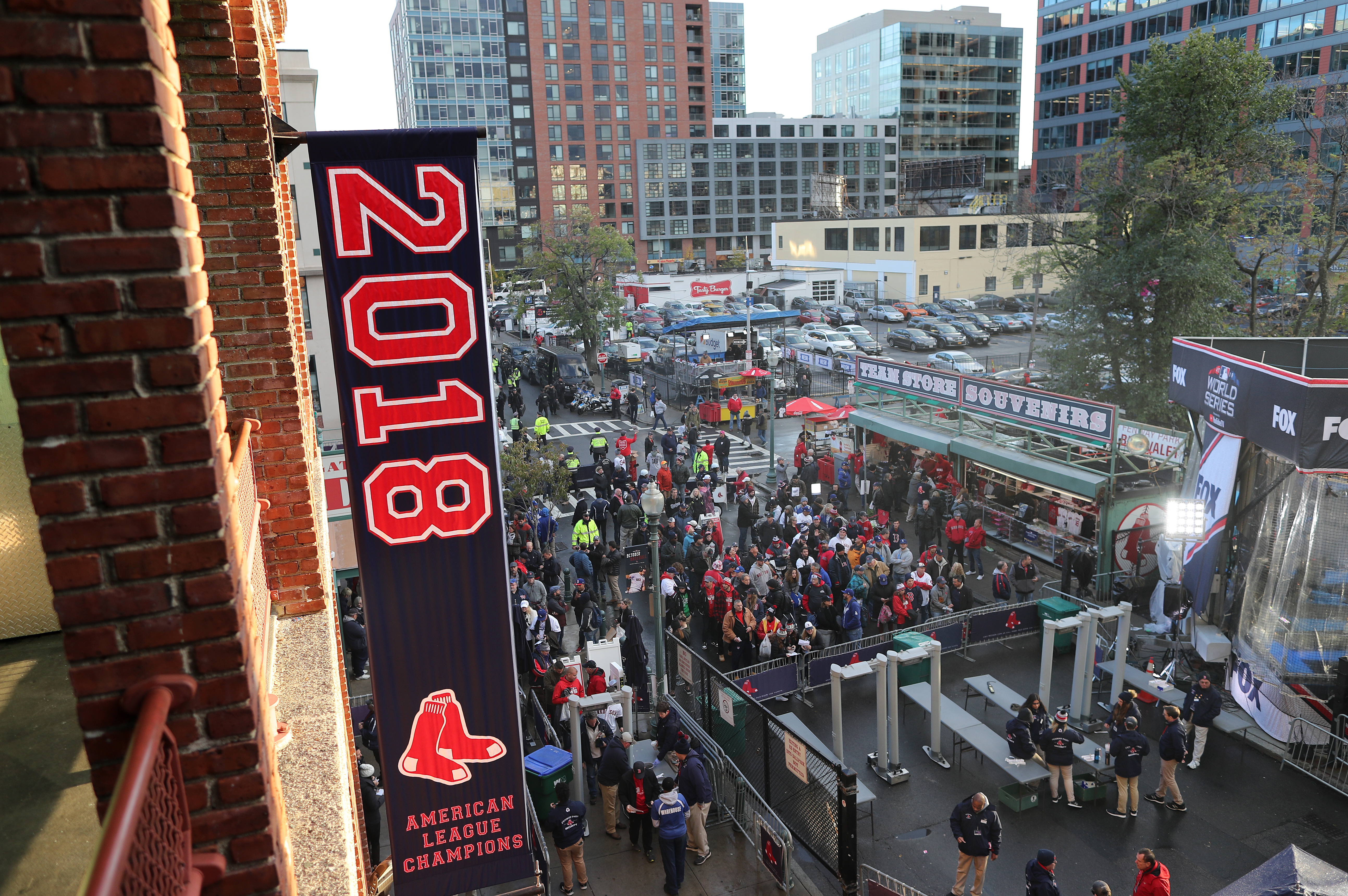 Fans waited to get into Fenway Park.