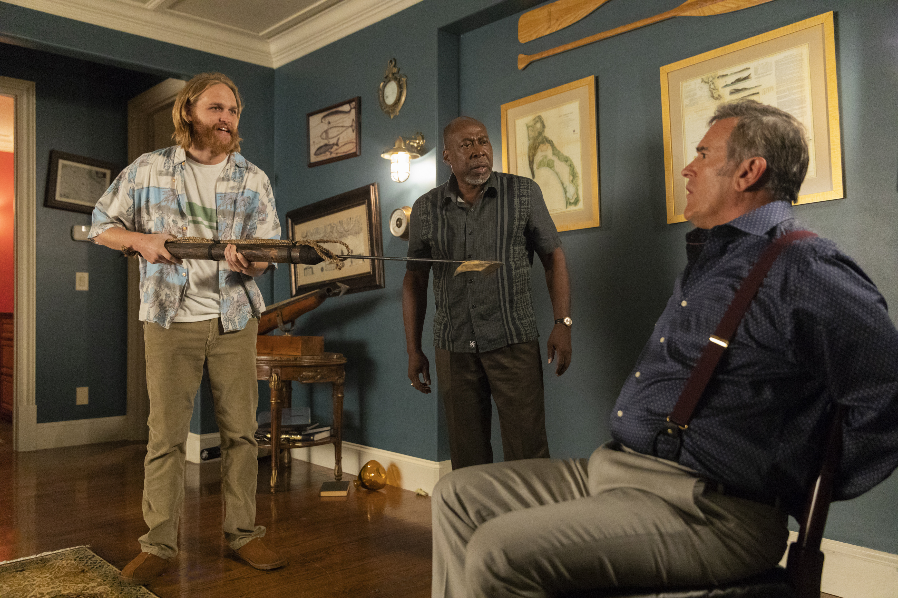 From left, Wyatt Russell, Brent Jennings, and Bruce Campbell in AMC’s “The Lodge.”