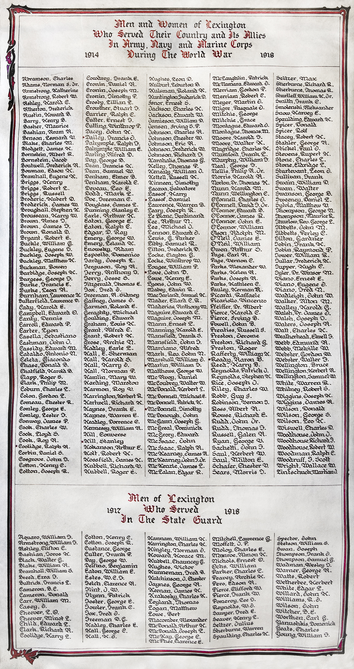 A scroll lists the names of all World War I soldiers from Lexington.
