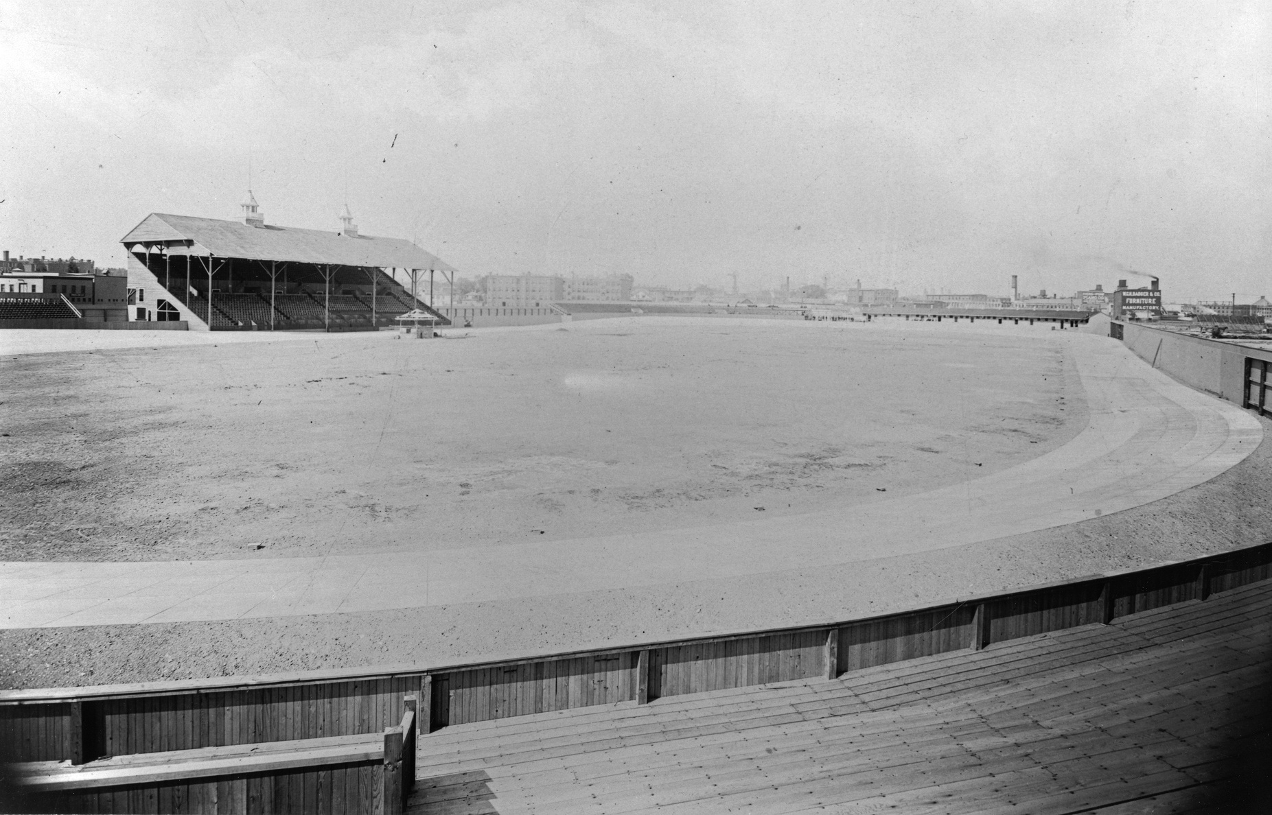 From 1890 to 1920, there were at least three velodromes in the Boston area. Pictured: The track at the Charles River Park in Cambridge around the turn of 19th century.