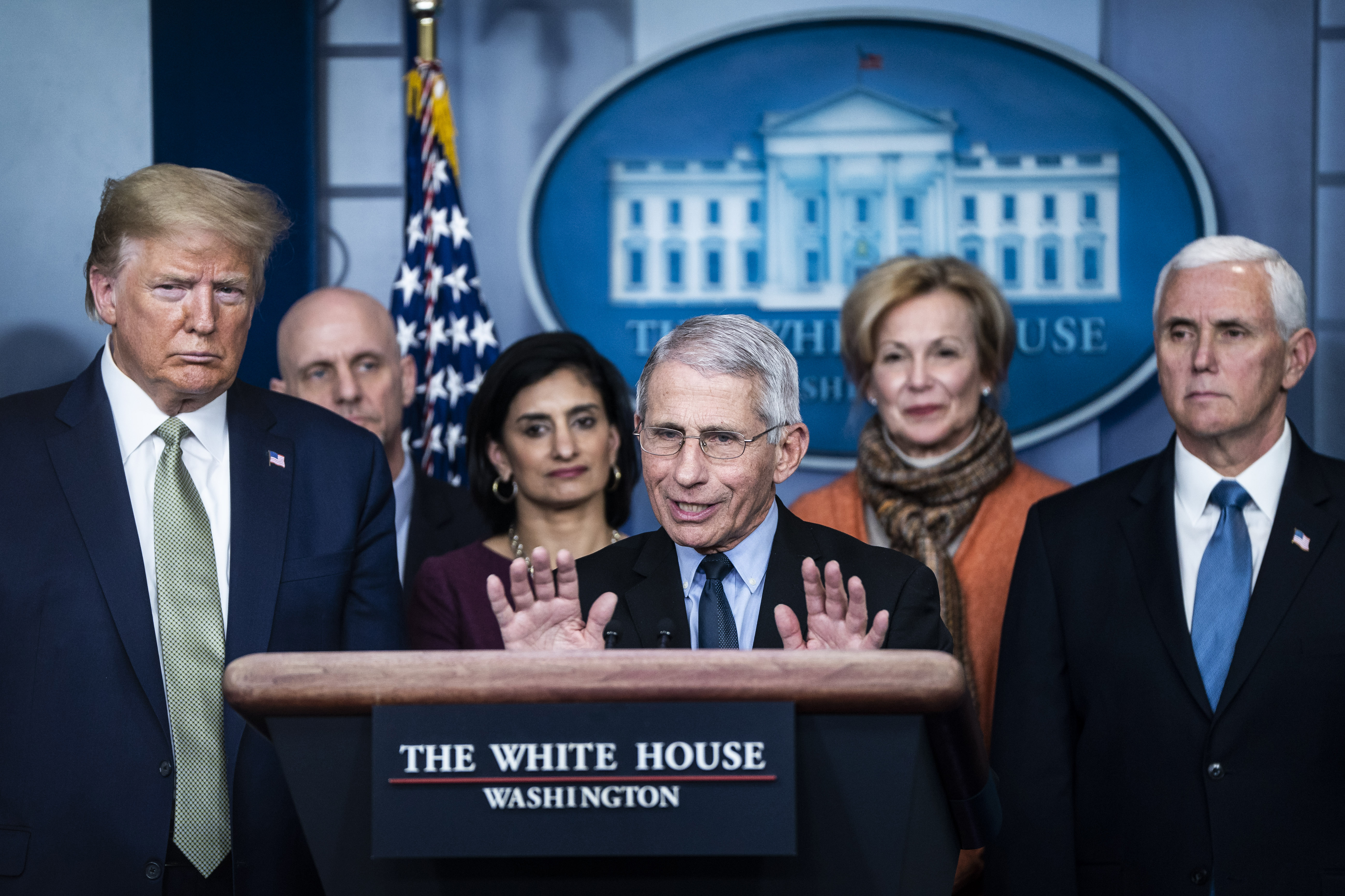 Anthony Fauci speaks with the coronavirus task force at the White House on March 17.