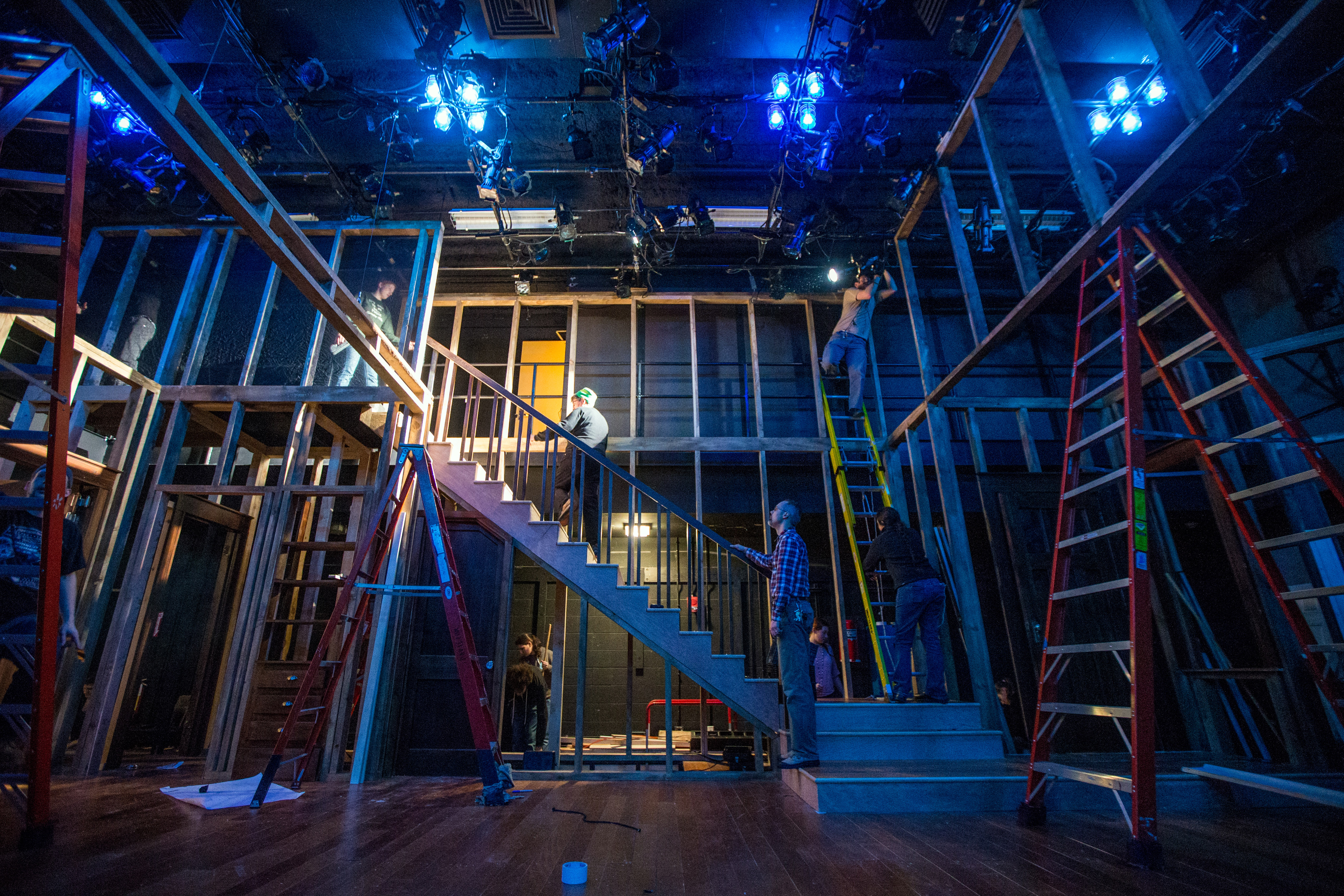 “Clybourne Park” takes place in the house the Younger family buys in “A Raisin in the Sun.” SpeakEasy Stage Company’s set at the Boston Center for the Arts was a work in progress last week.