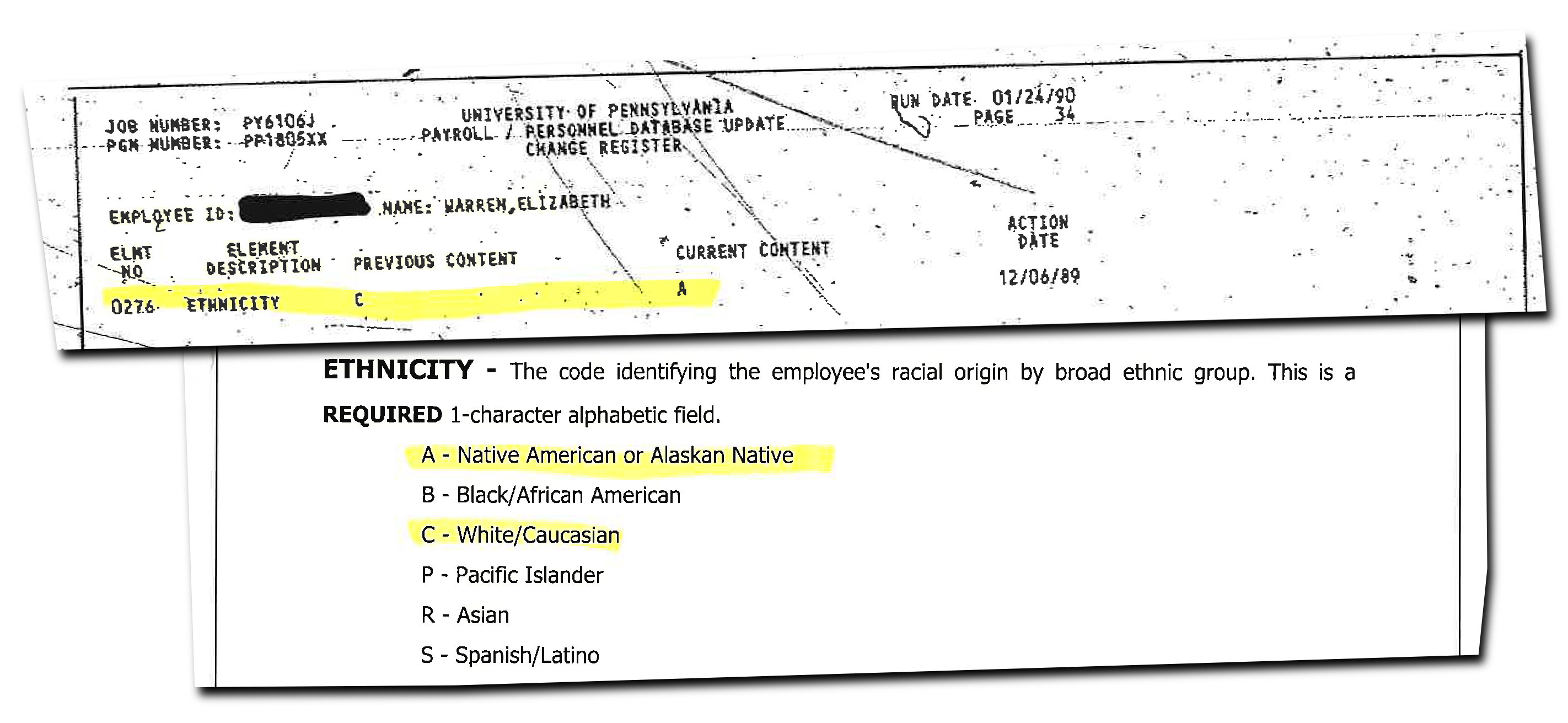 Warren changed her listed ethnicity to Native American in December 1989, nearly three years after she was hired as a white woman by the University of Pennsylvania Law School.