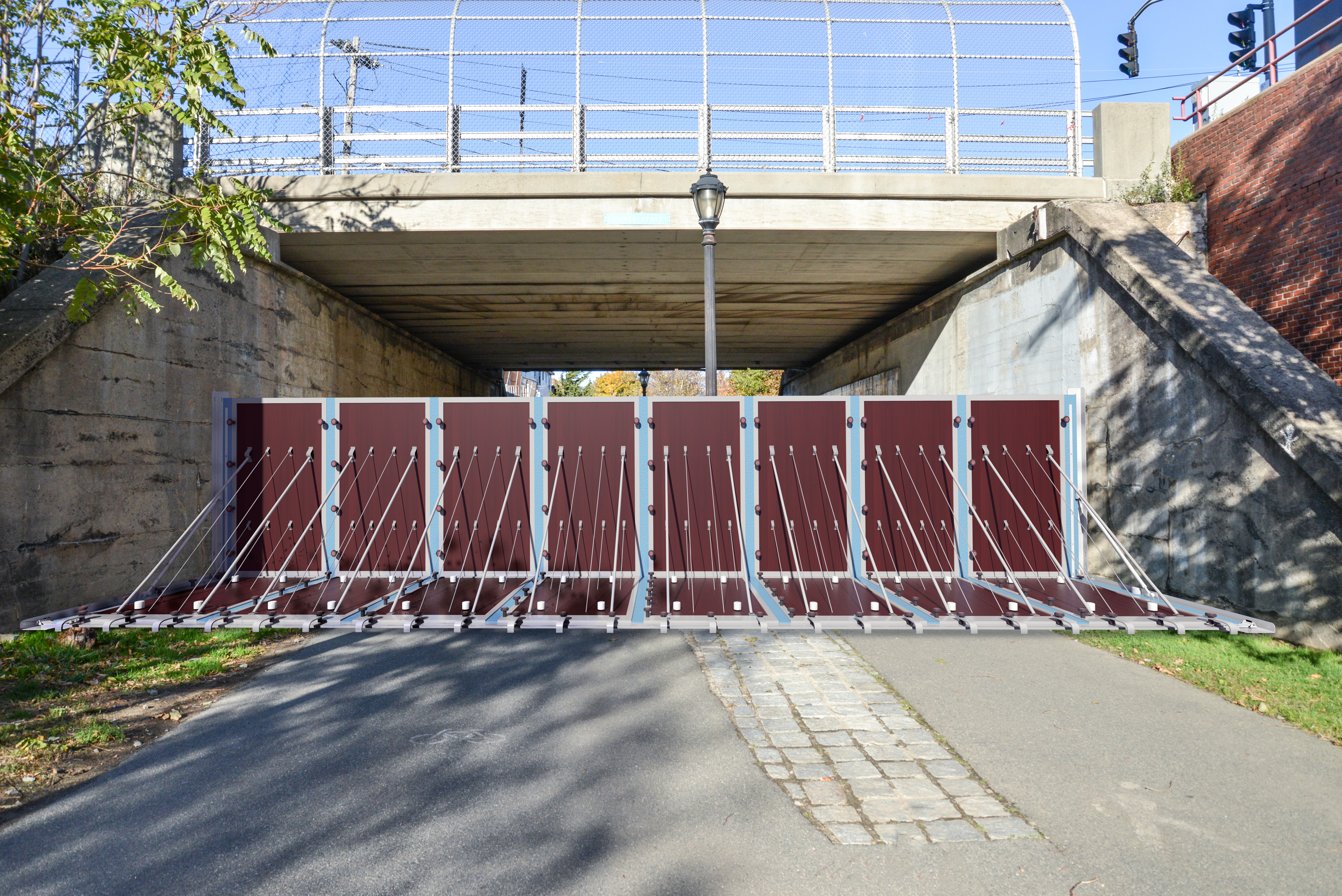 A deployable flood barrier at the mouth of the Greenway in East Boston.