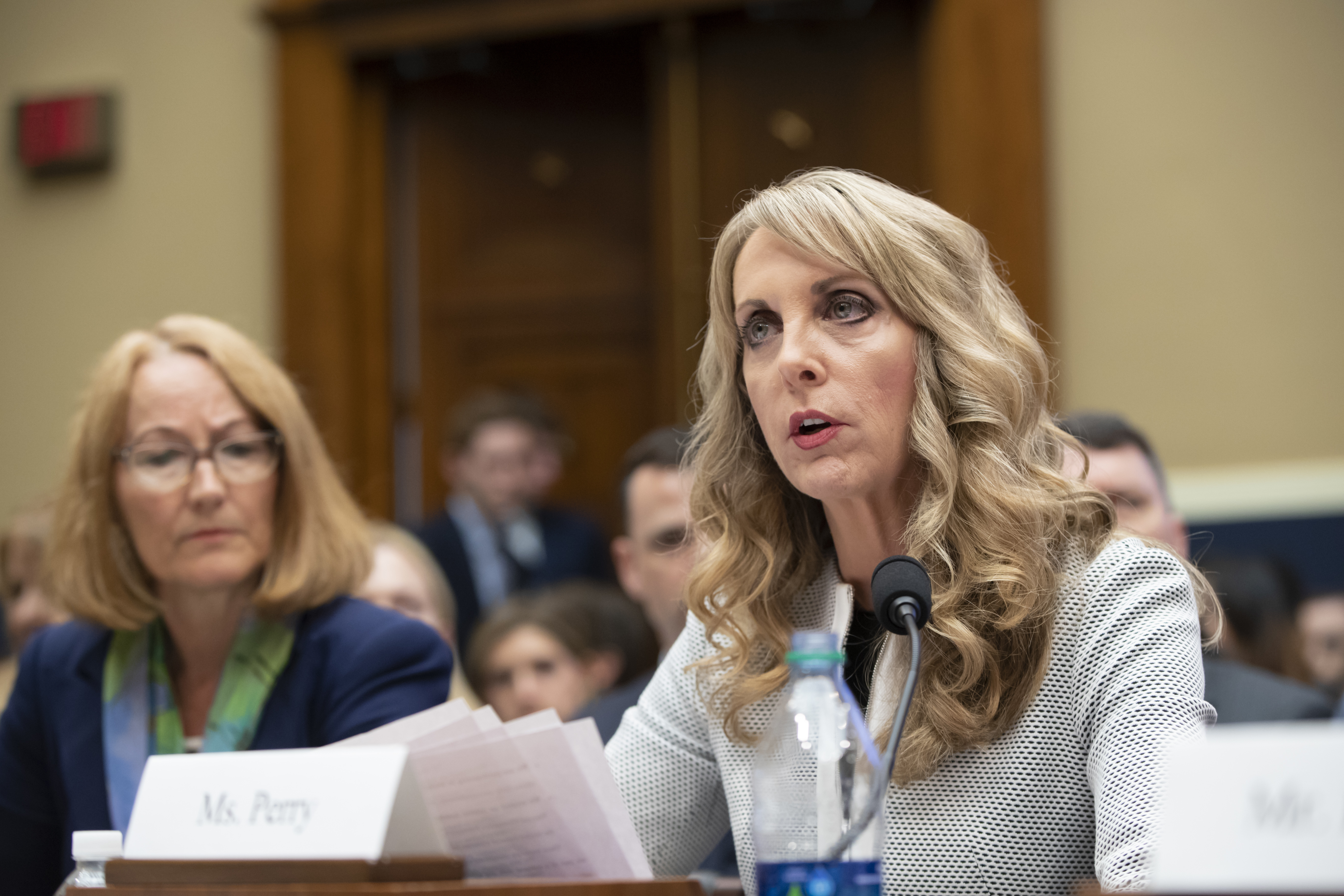 New USA Gymnastics president Kerry Perry (right) testified before the House Commerce Oversight and Investigations Subcommittee in May.