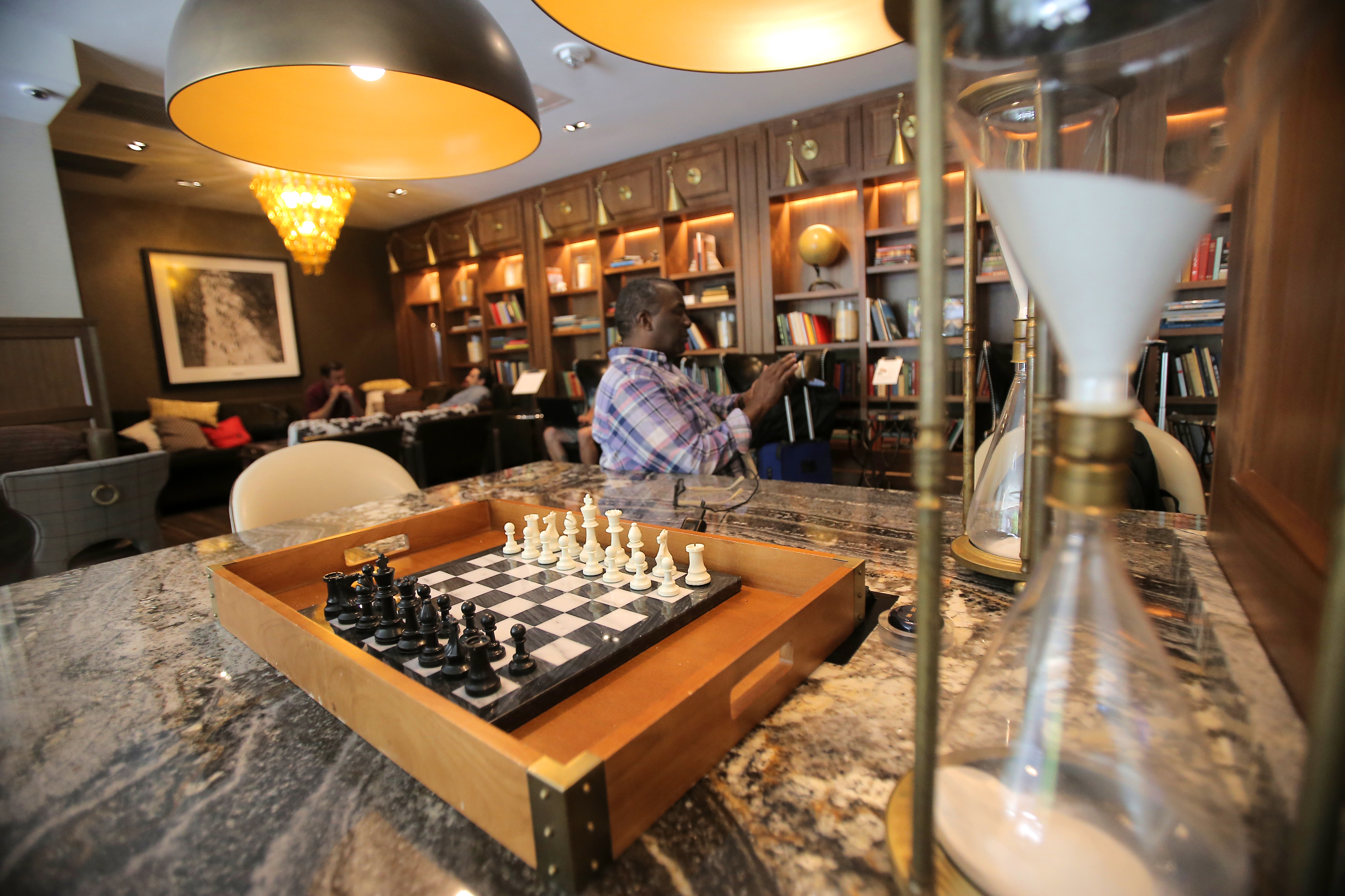 The library at the Park Plaza hotel.