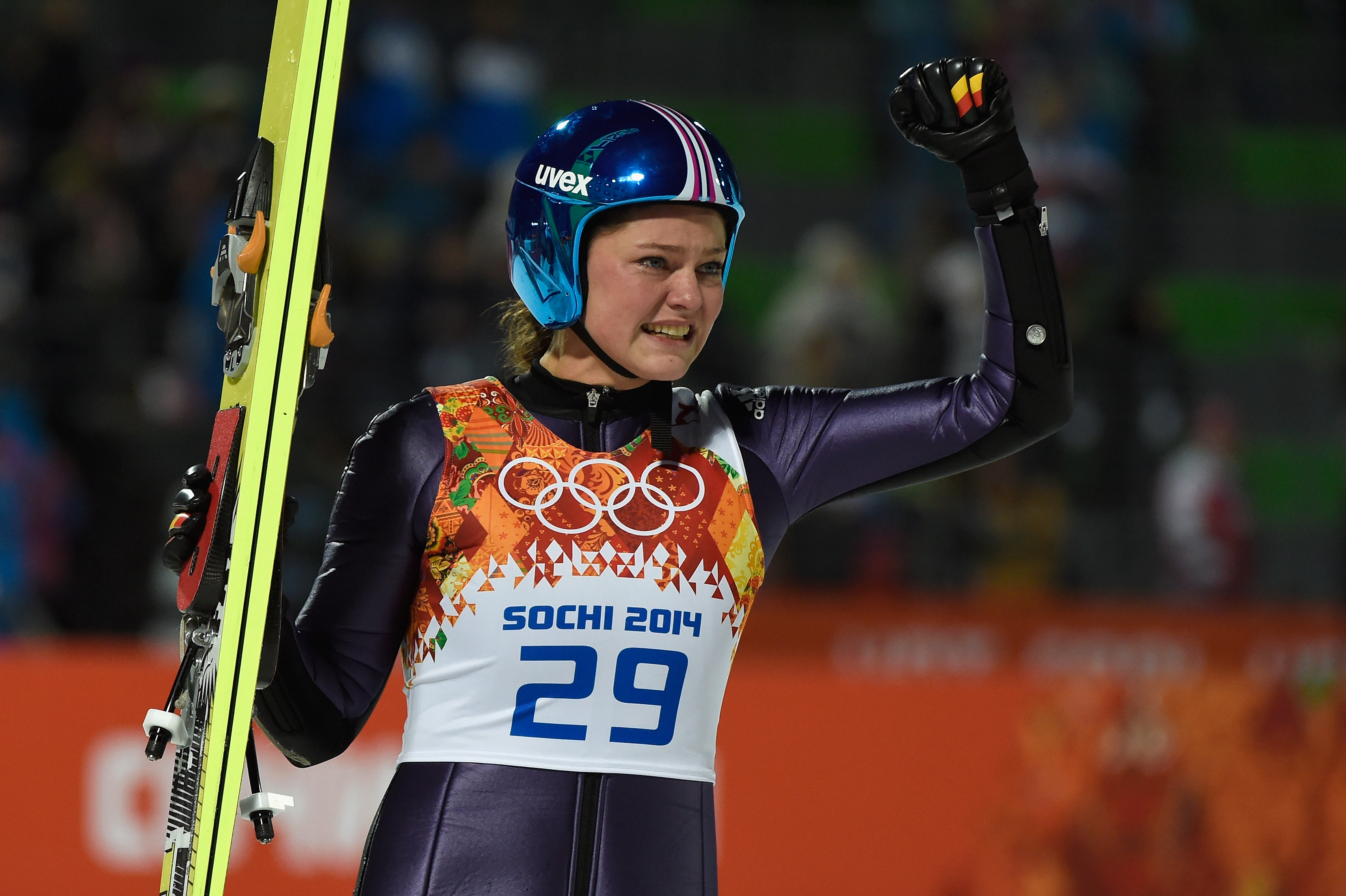 Carina Vogt of Germany won the gold medal in the ladies' normal hill ski jumping.