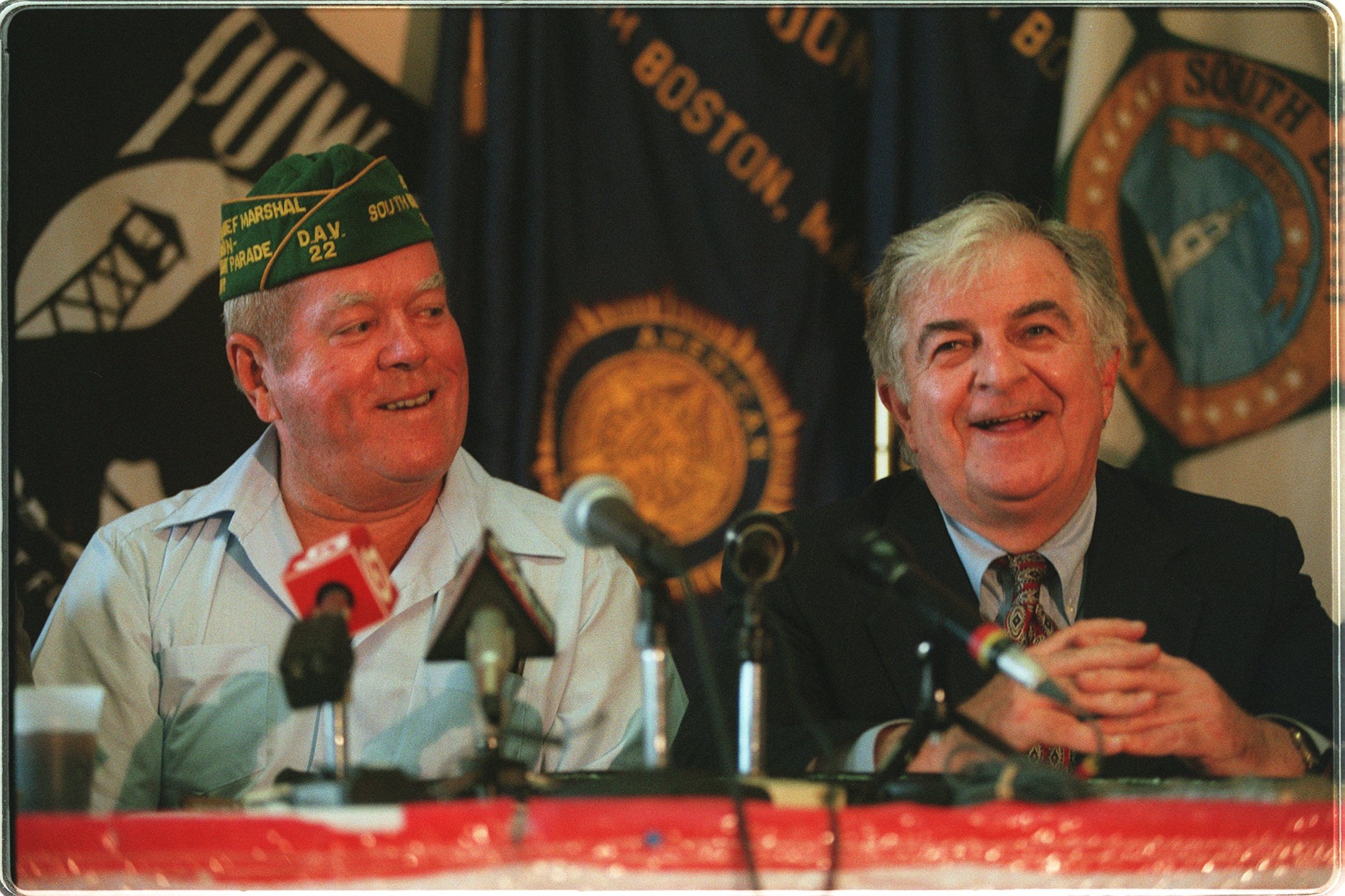 Mr. Hurley (left), with attorney Chester Darling at a news conference, lent his name to a landmark Supreme Court case that upheld the group’s right to bar gay and lesbian groups from marching.