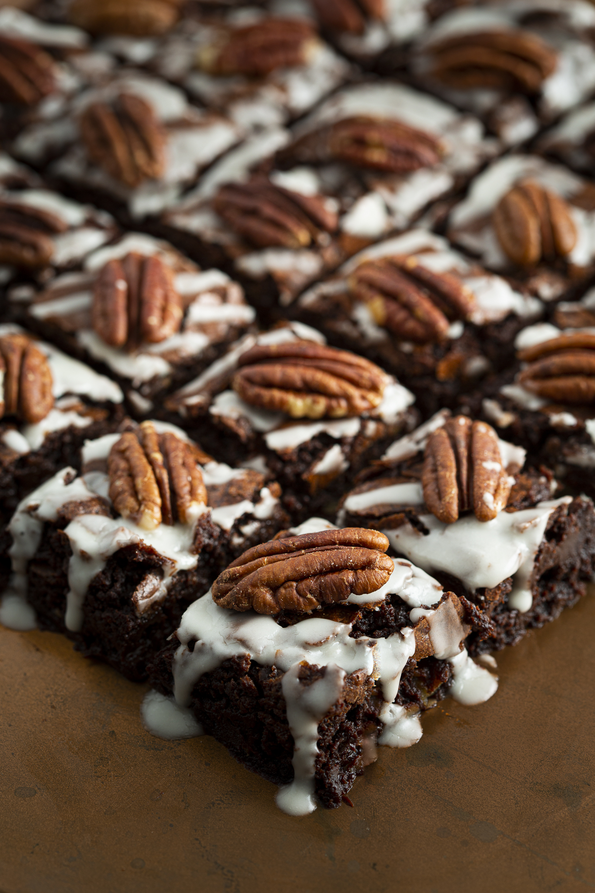 Boozy dark chocolate-pecan brownies.