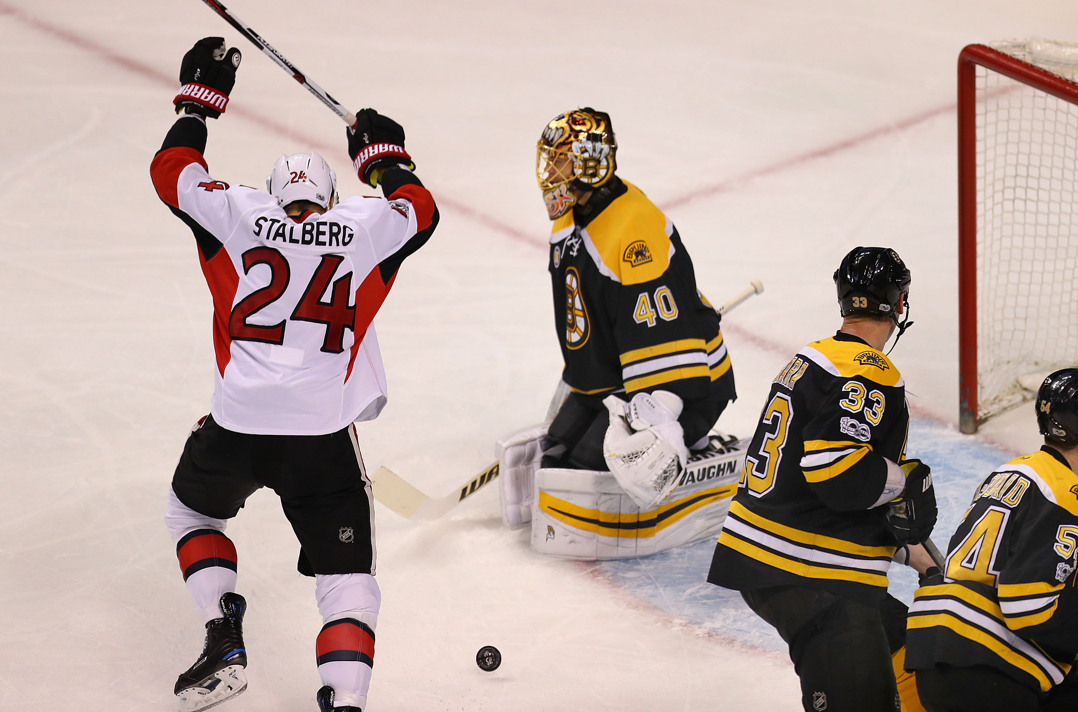 Viktor Stalberg celebrates a goal scored by Ottawa Alex Burrows.
