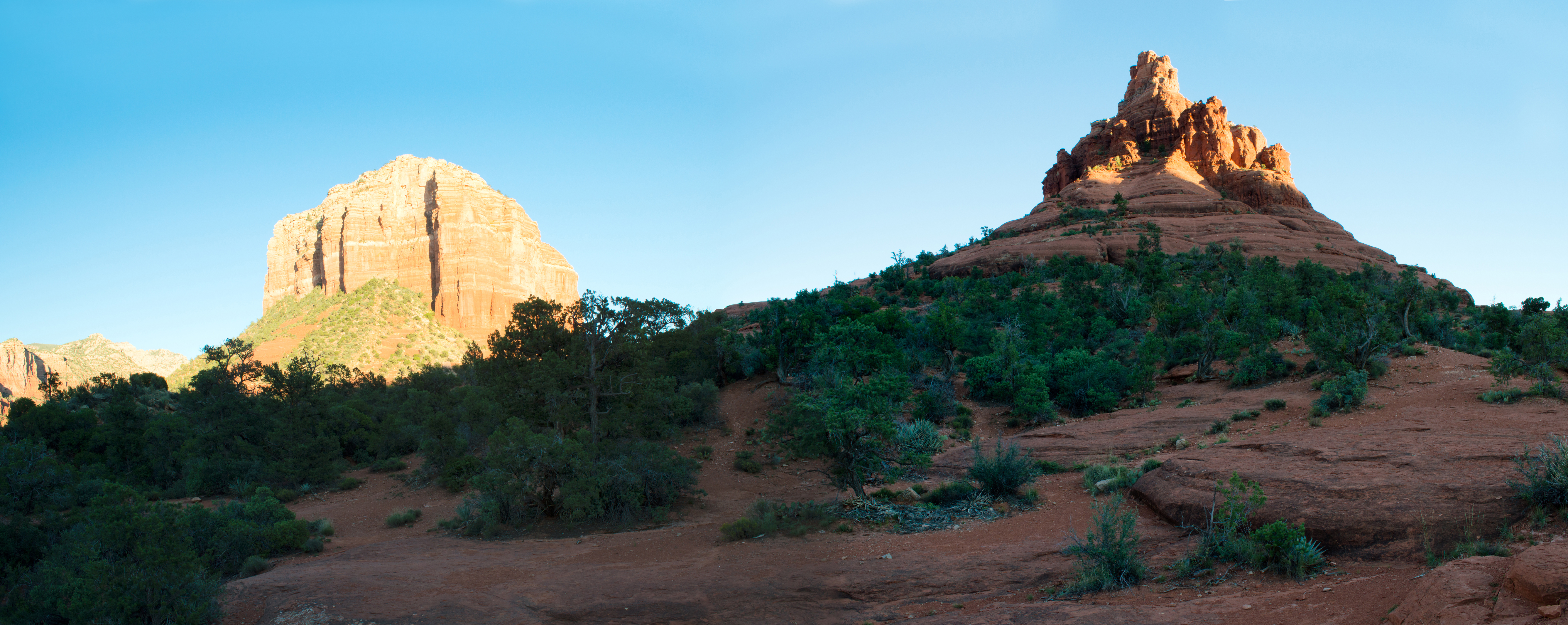 Sedona's Courthouse Rock (one of four New Age writer designated main energy points in the city), left, and Bell Rock, right.