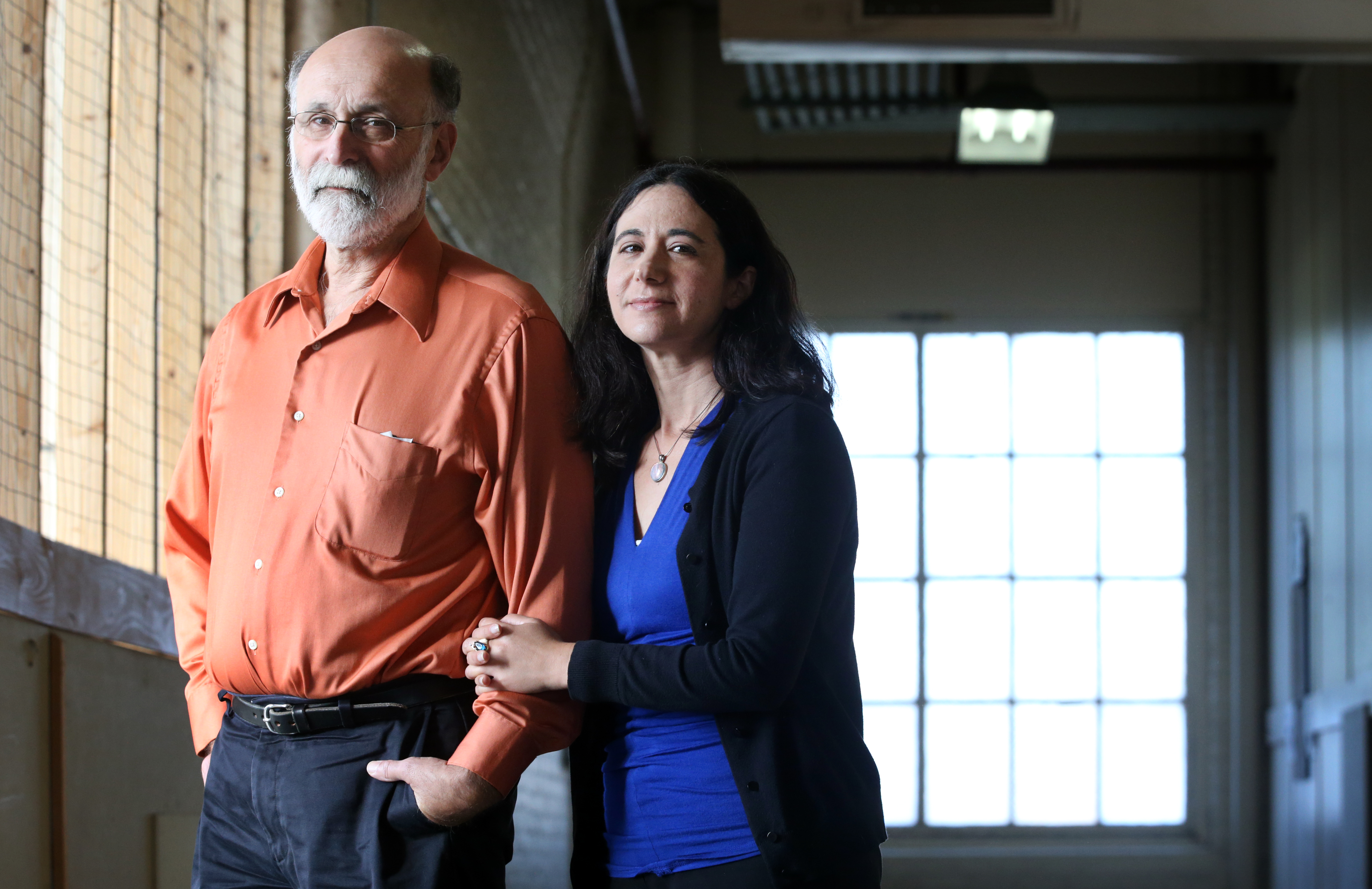 Robert Meeropol and his daughter Jennifer Meeropol posed for a portrait at the Rosenberg Fund For Children in Easthampton.