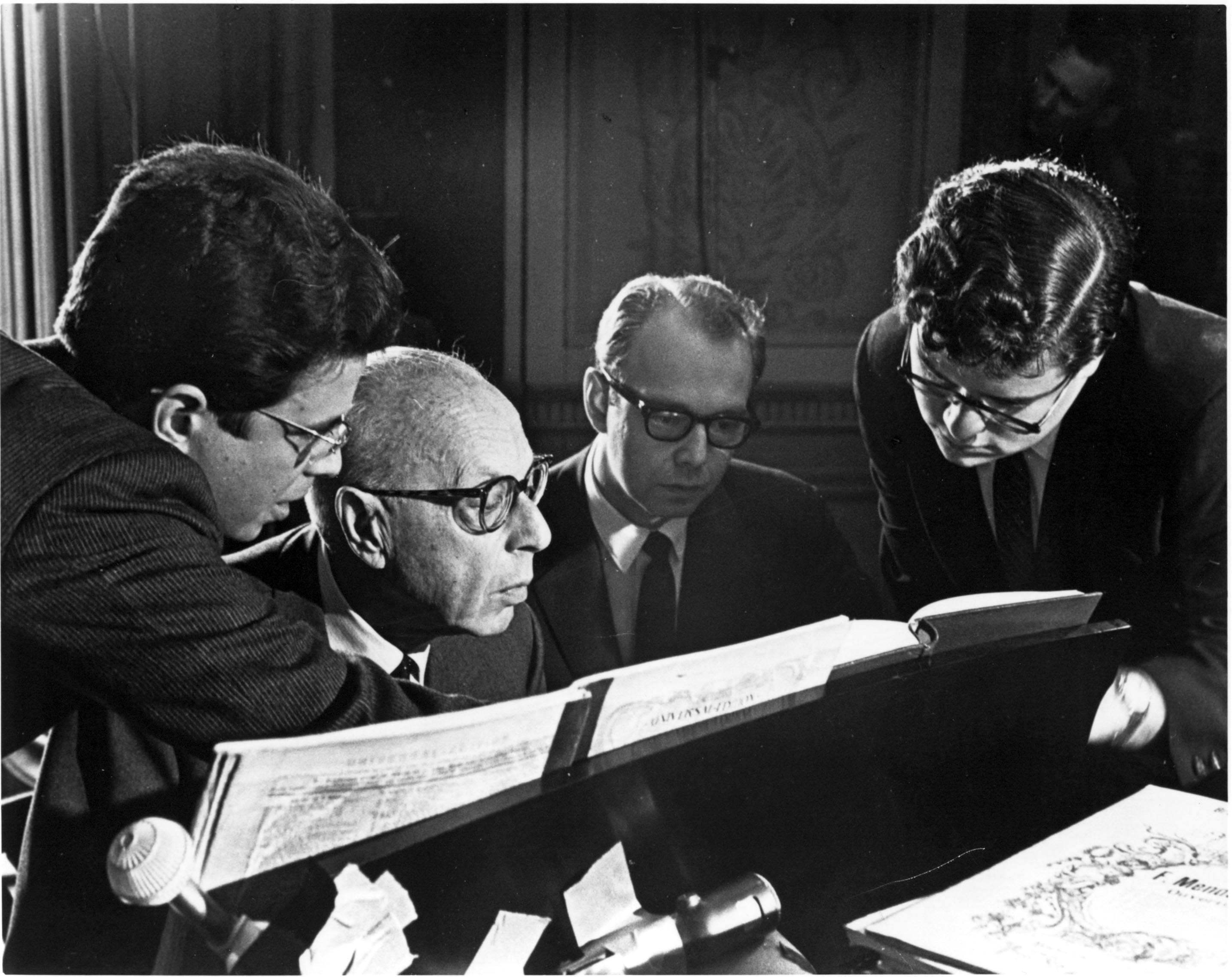 Cleveland Orchestra conductor George Szell (second from left) with Cleveland Orchestra associates (left to right) Stephen Portman, Michael Charry, and James Levine in 1966.