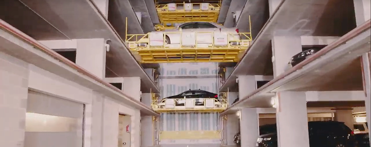 A screen grab from a video showing automated parking garages, which are coming to two Boston developments.