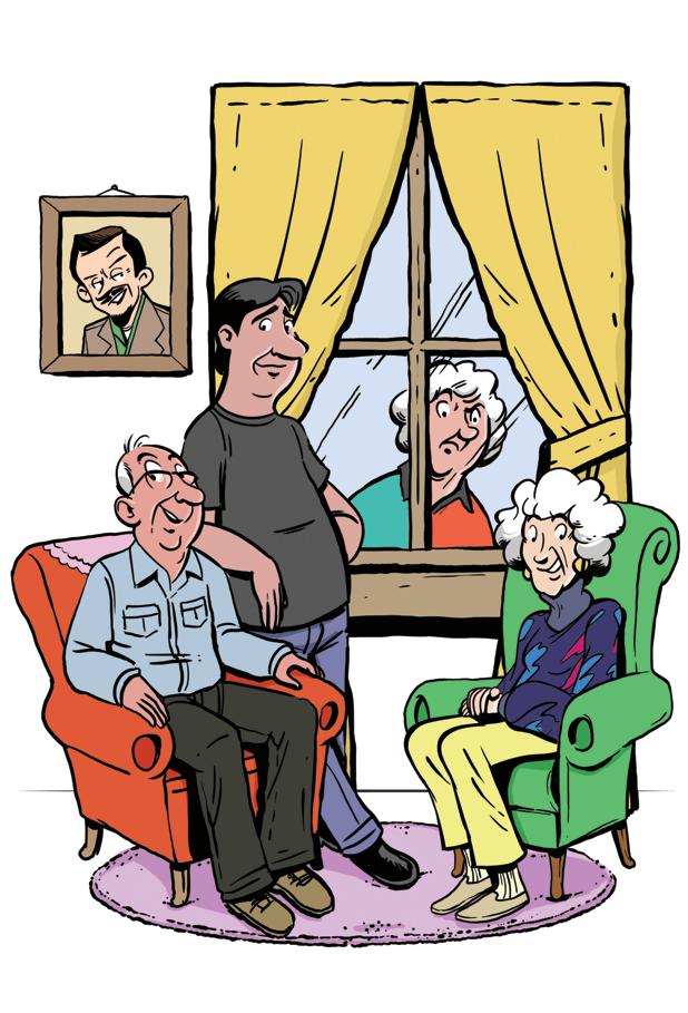 Clockwise from left: Illustrations of Gerald Peary, writer/director; Bob Montana (framed), cartoonist; Shaun Clancy, coproducer/ researcher; Jane Murphy, Montana’s prom date; and Betty Tokar Jankovich, onetime girlfriend.