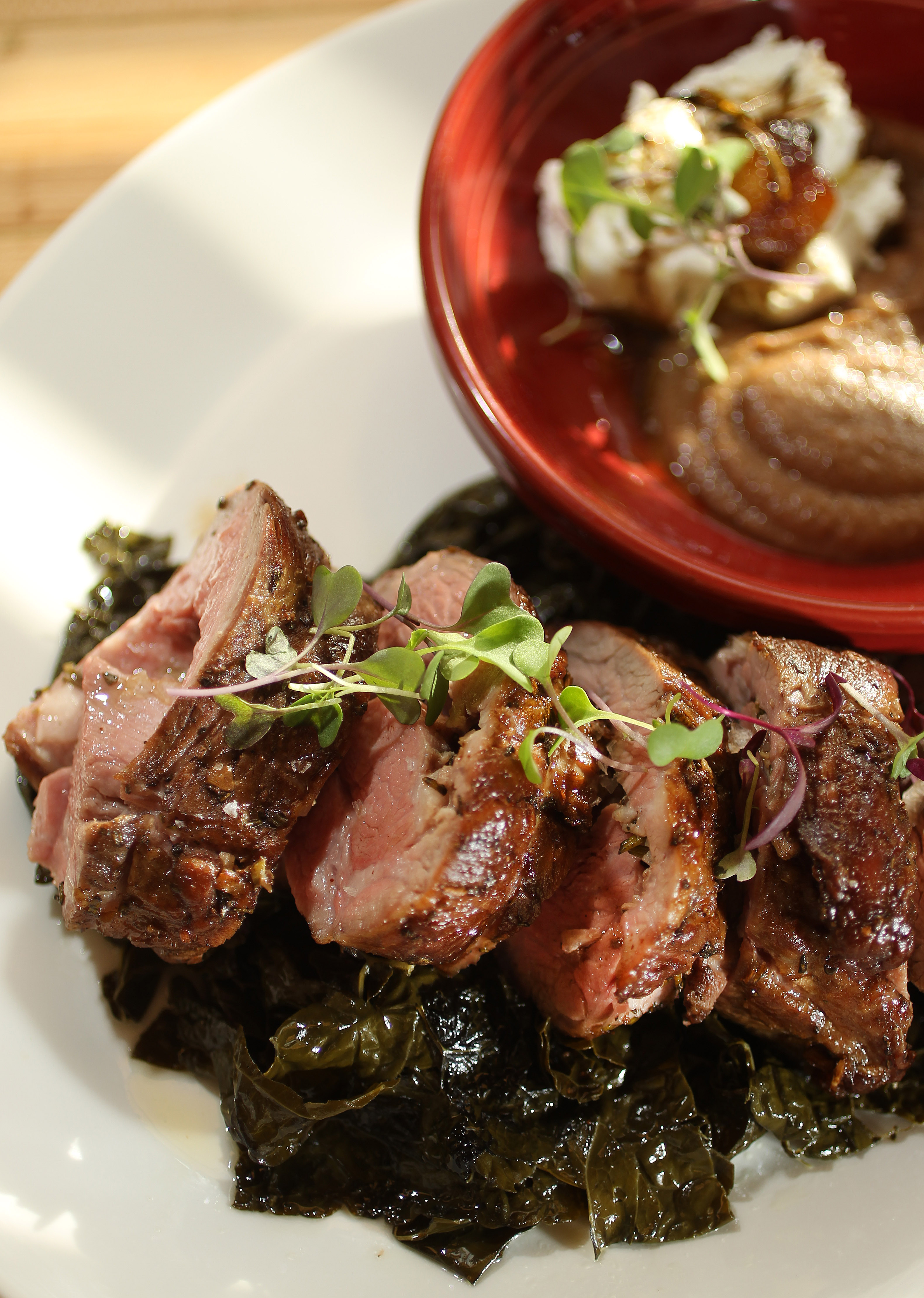 Lamb shoulder with eggplant-fig puree and goat cheese.