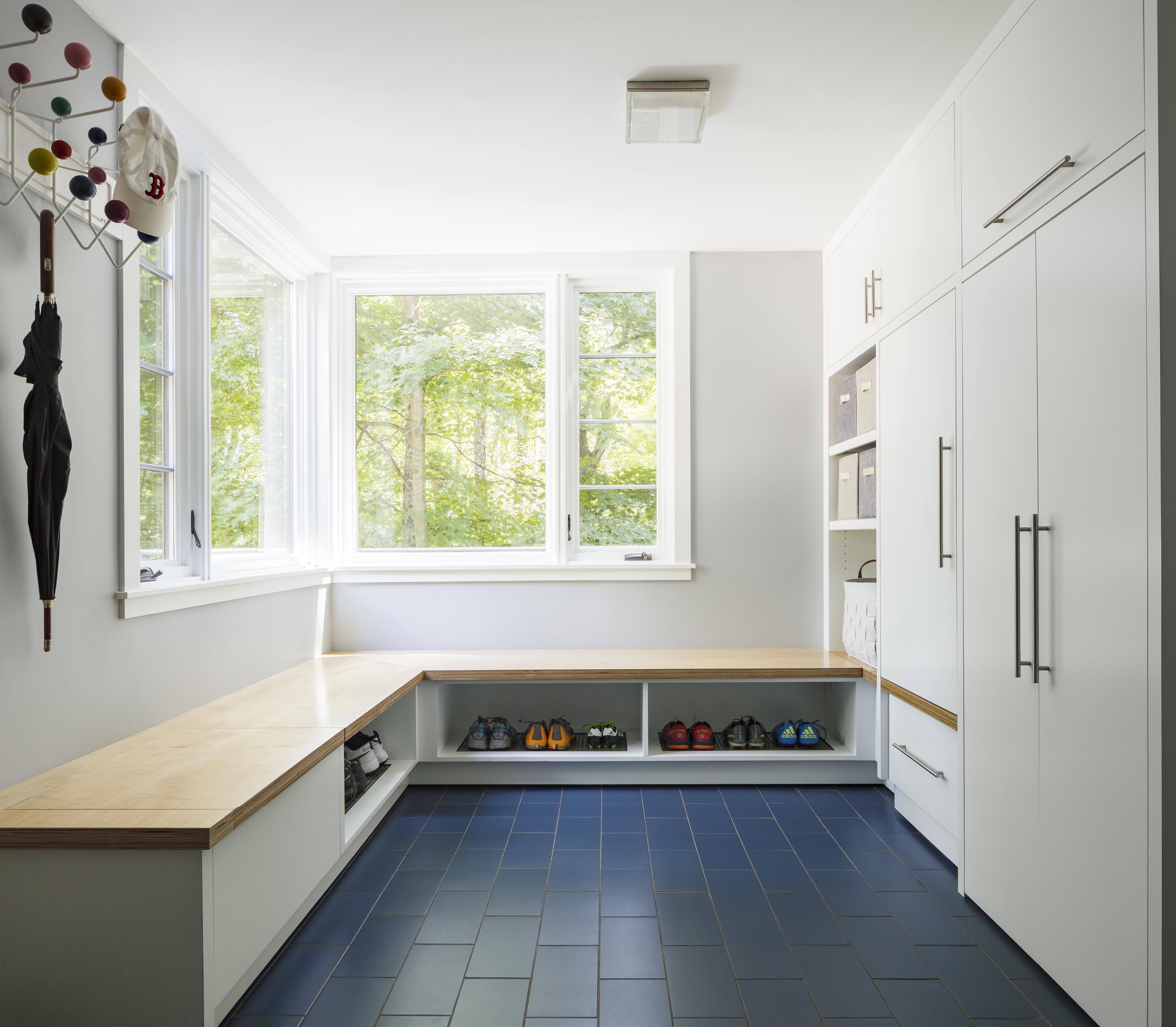 The cabinets in the mudroom are paint-grade birch topped with ApplePly, a high-quality plywood that doesn’t need trim.