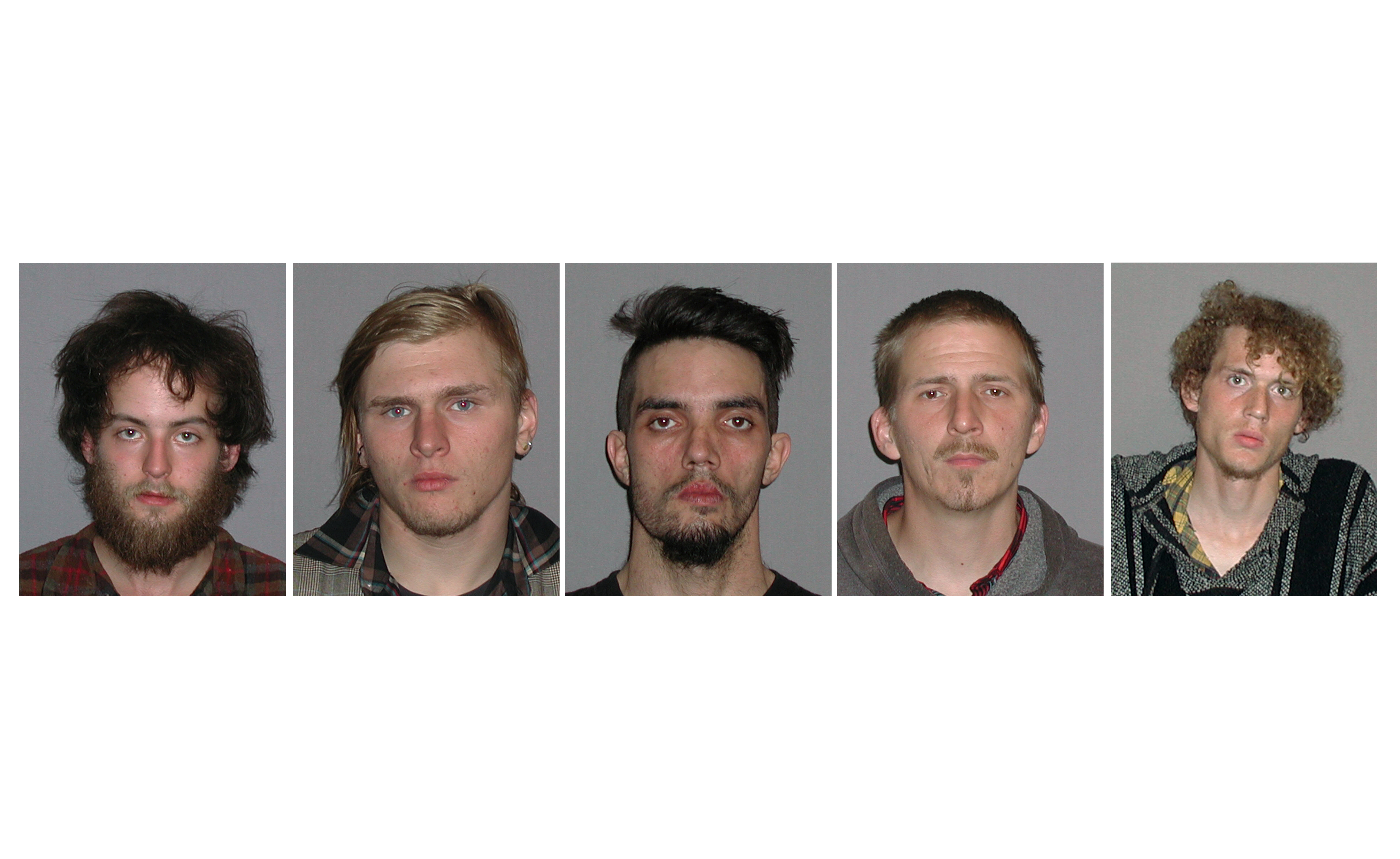 These FBI photos show, left to right, Connor Stevens, Brandon Baxter, Douglas Wright, Anthony Hayne and Joshua Stafford. The five self-described anarchists were arrested in a plot to blow up an Ohio bridge, but the public was never in any danger, the FBI said Tuesday.