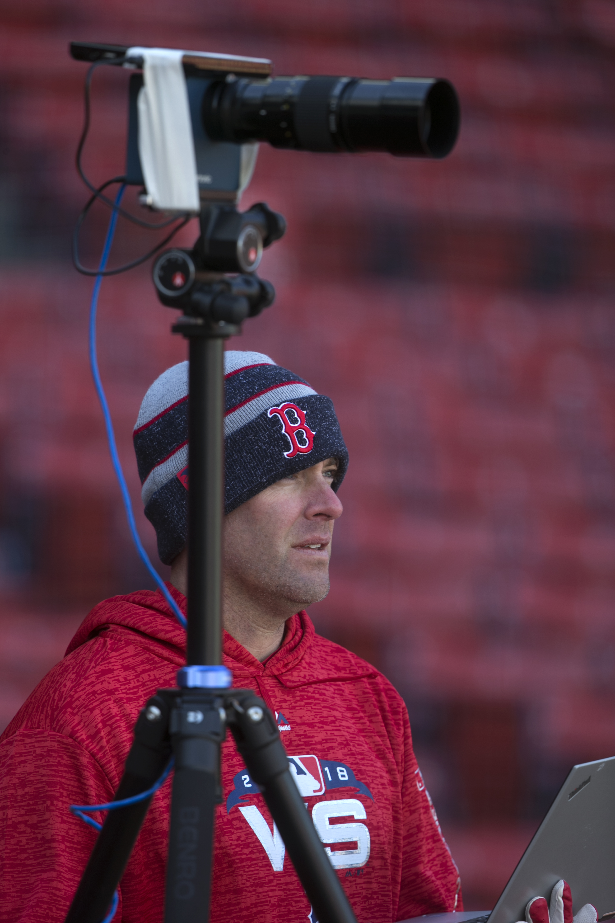 Assistant pitching coach Brian Bannister monitored Red Sox pitcher Steven Wright in a simulated game in October.