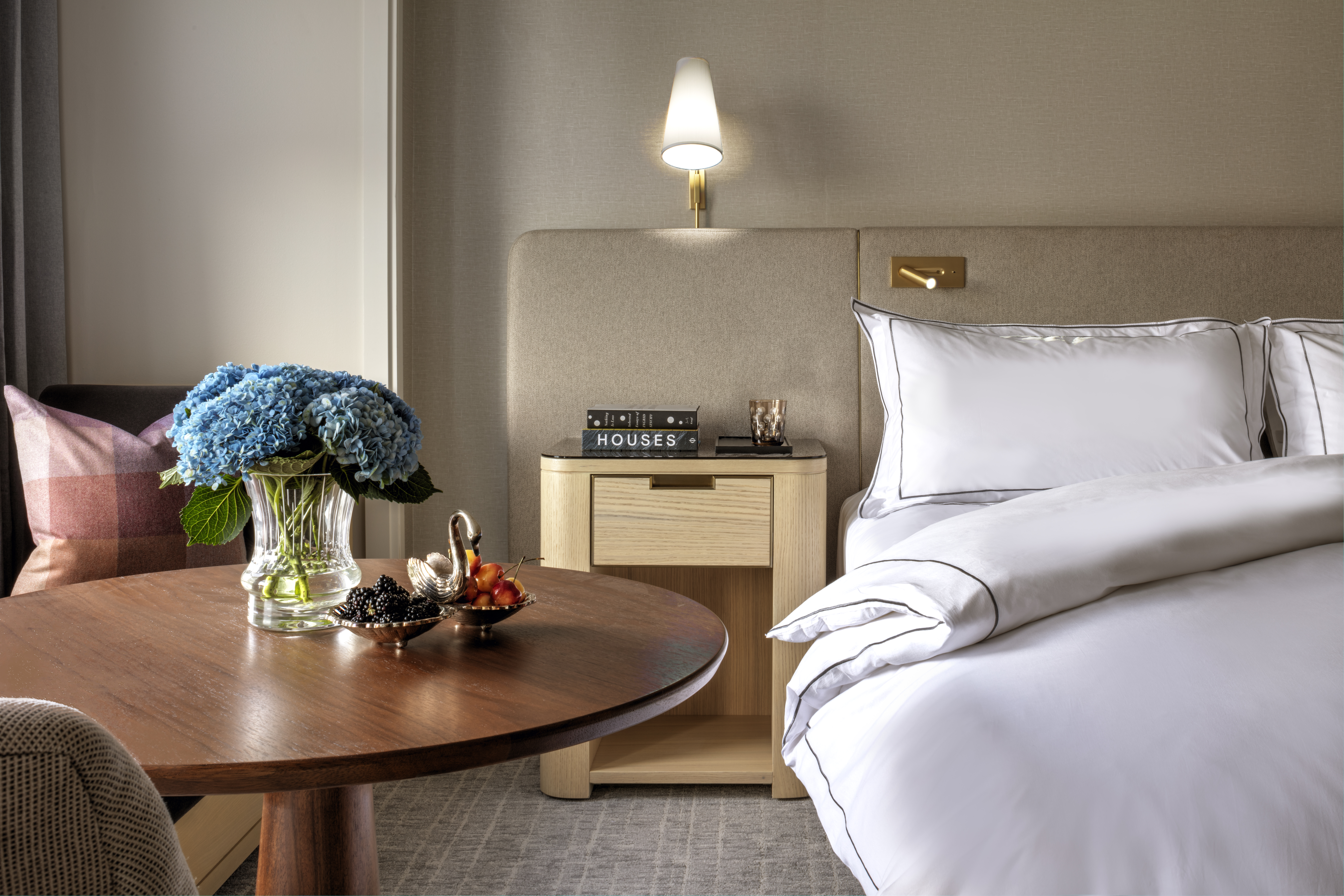 A bedroom in the Newbury hotel, designed by Alexandra Champalimaud.