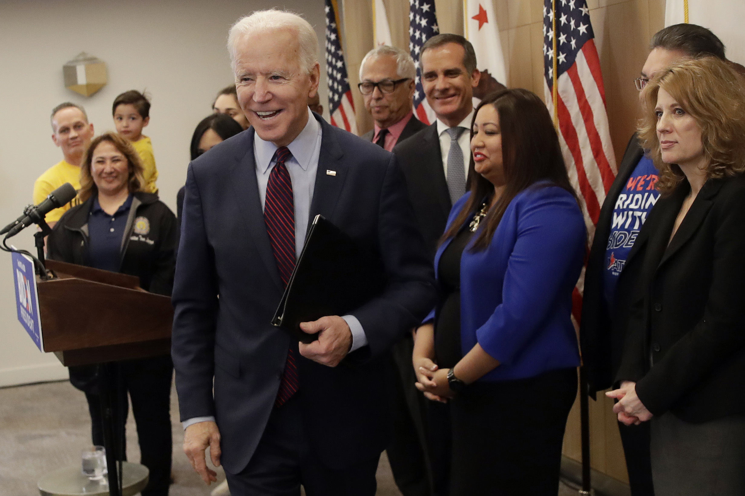 Former vice president Joe Biden smiled after speaking in Los Angeles on Wednesday.