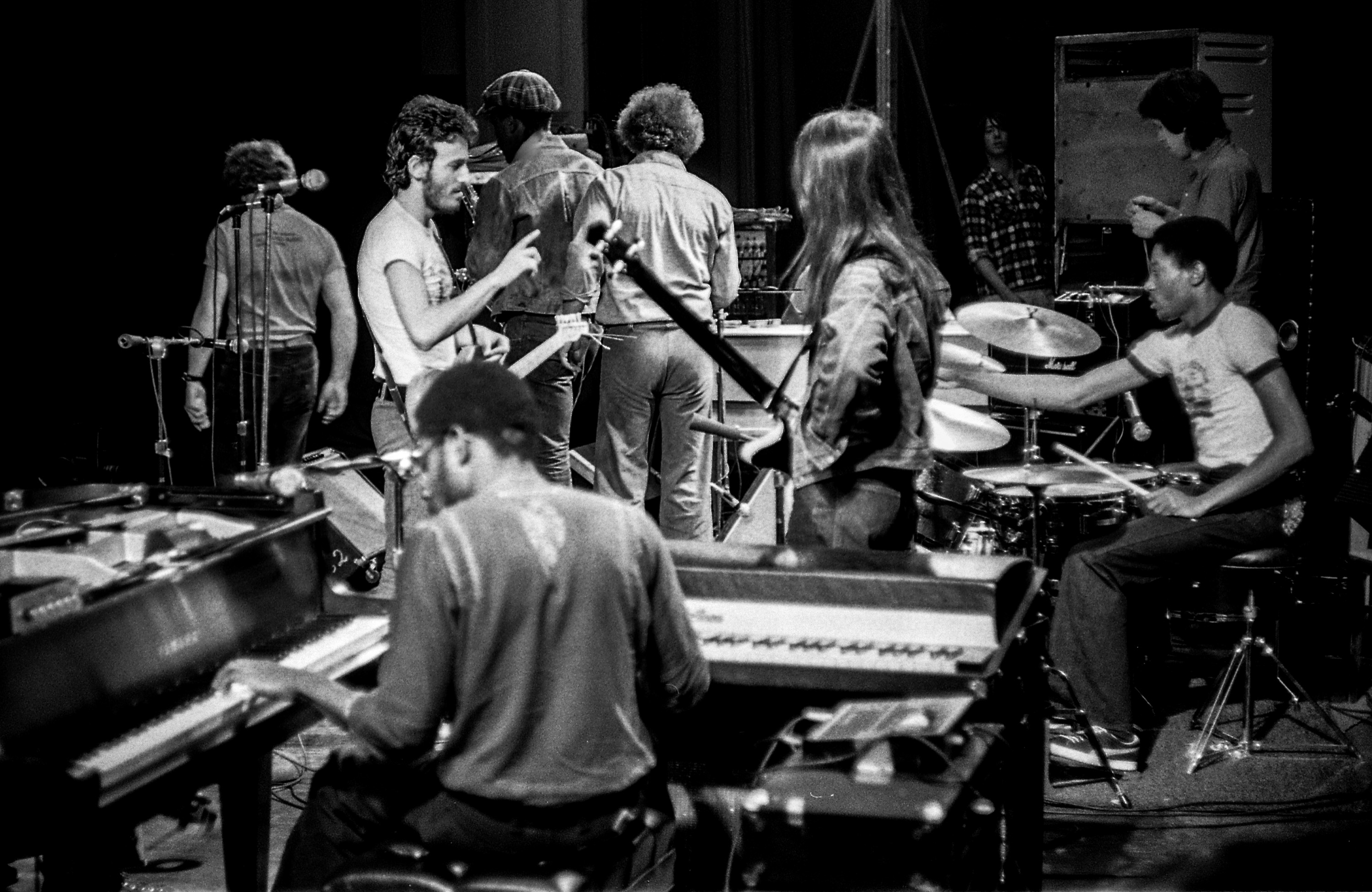 Bruce Springsteen with the E Street Band at soundcheck at the Harvard Square Theatre in 1974.