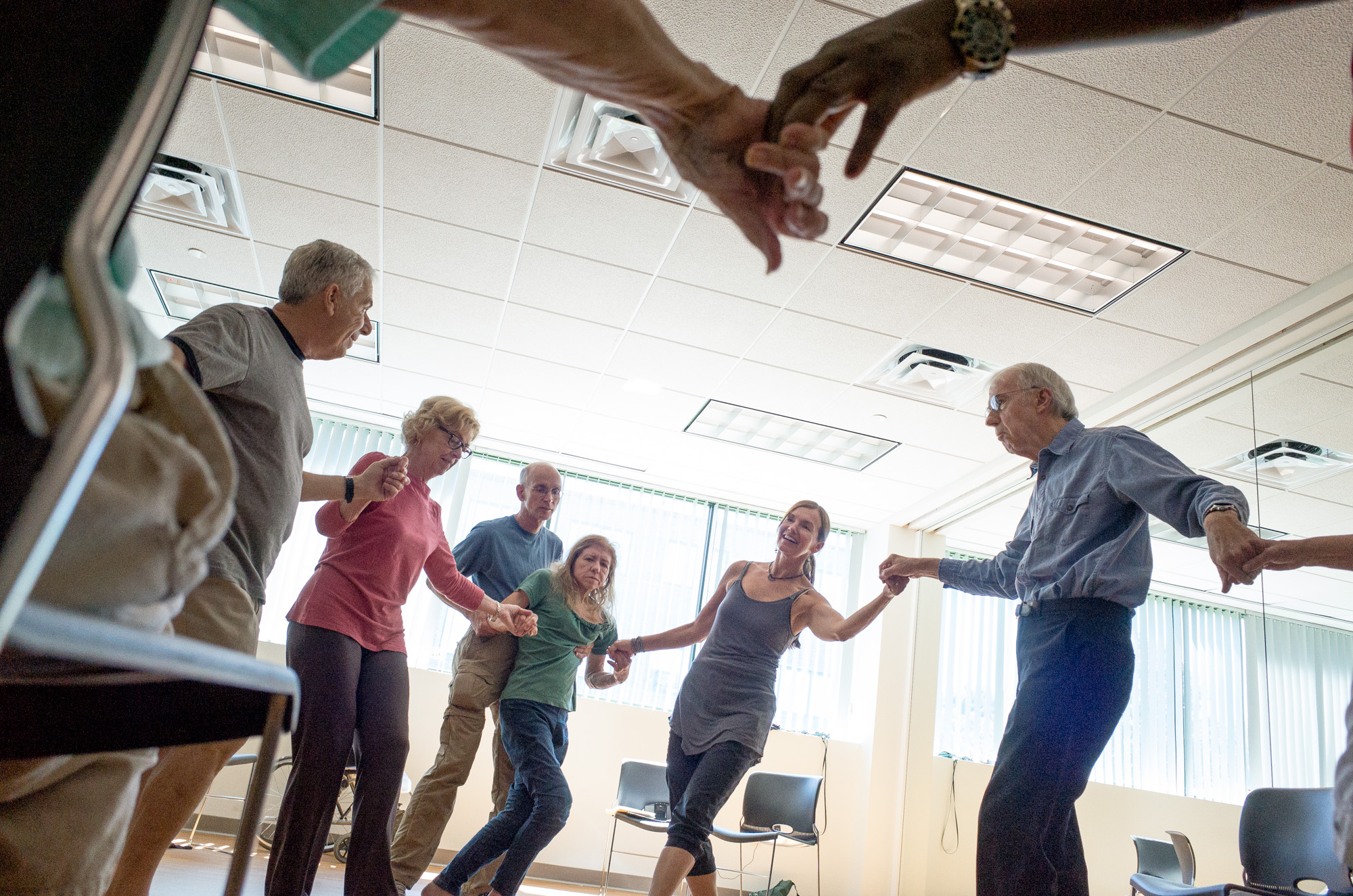 Participants in the instructional at Emerson Hospital can learn leg movements without leaving their chairs.