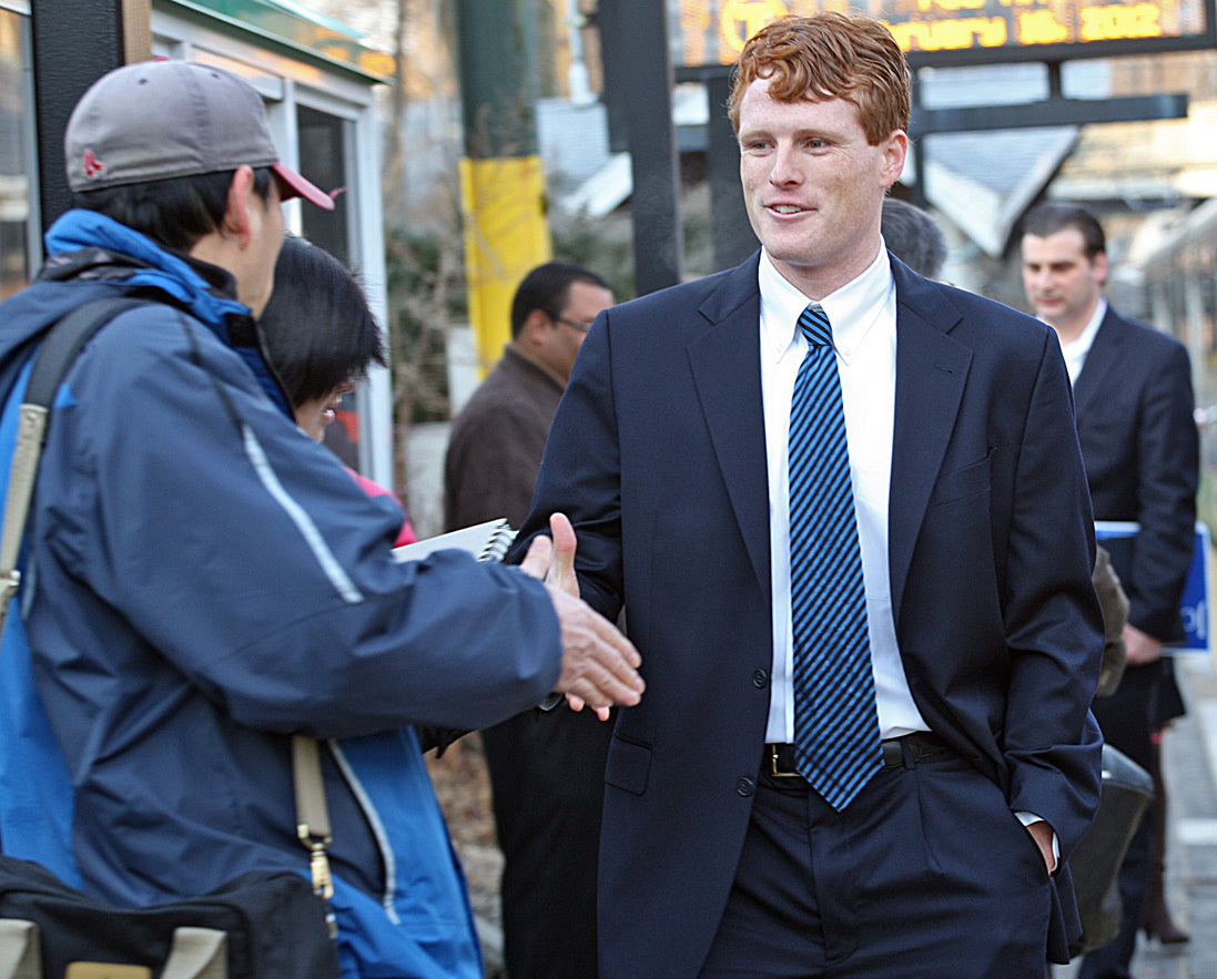 Joseph Kennedy III officially launched his campaign for Congress in February, greeting commuters and supporters in Newton.