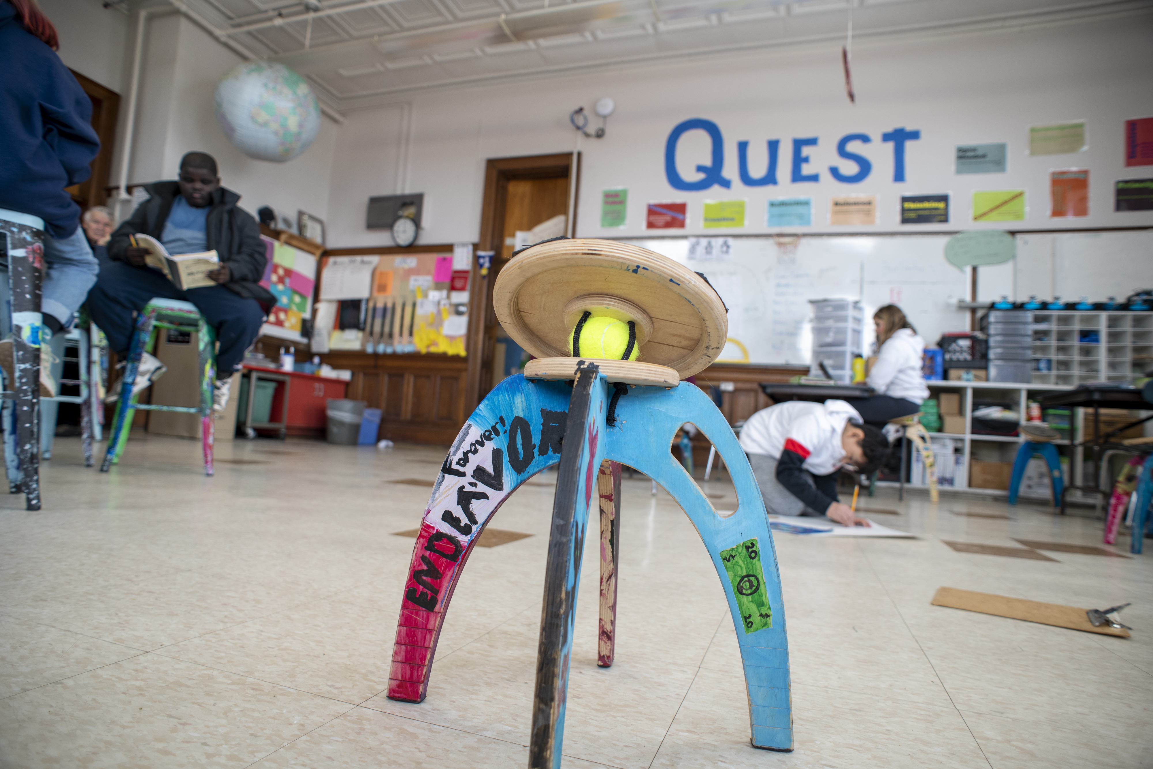 One of Osler’s chairs that uses a tennis ball to create a seat that rocks.