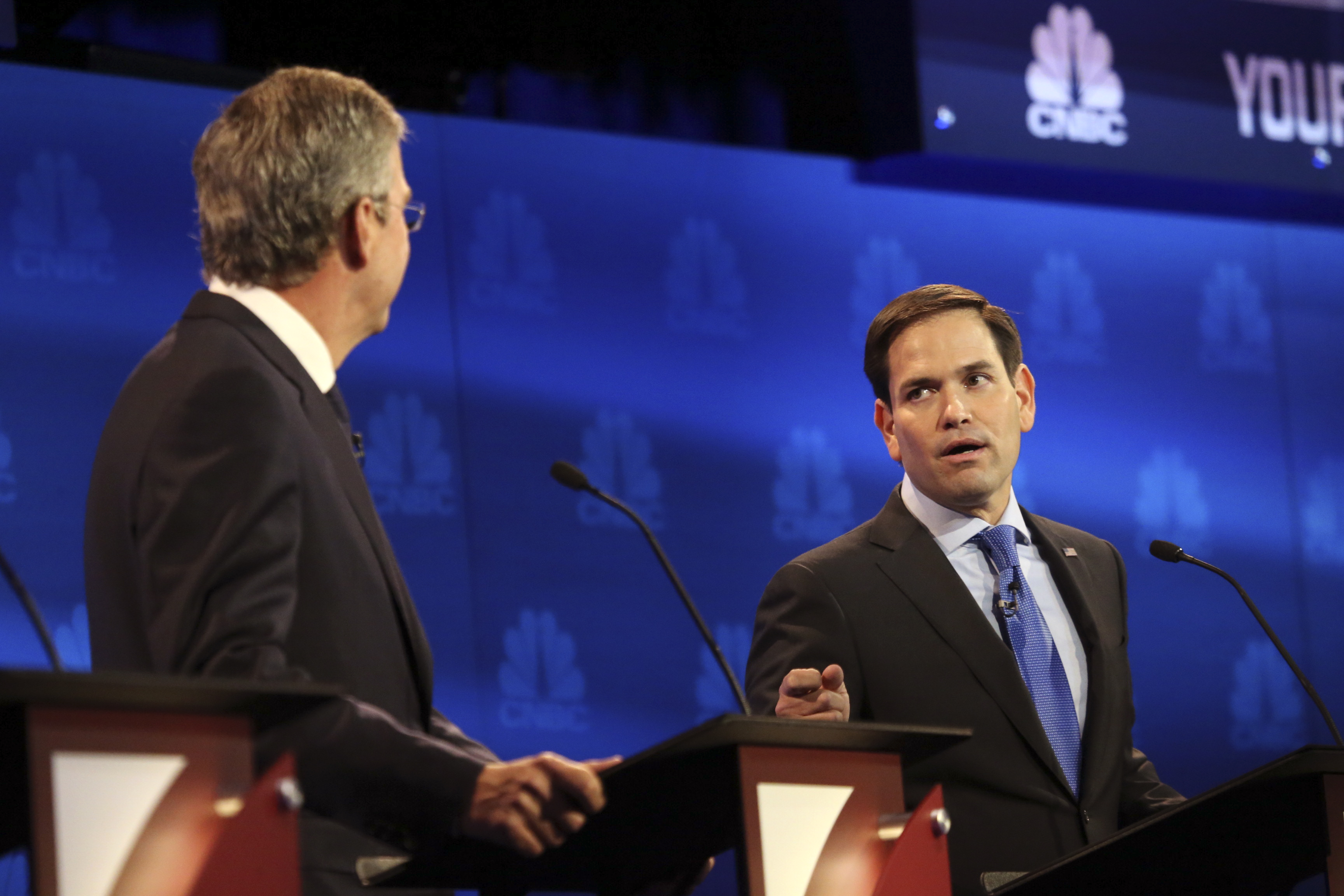 US Senator Marco Rubio sparred with Jeb Bush, left, during the debate.