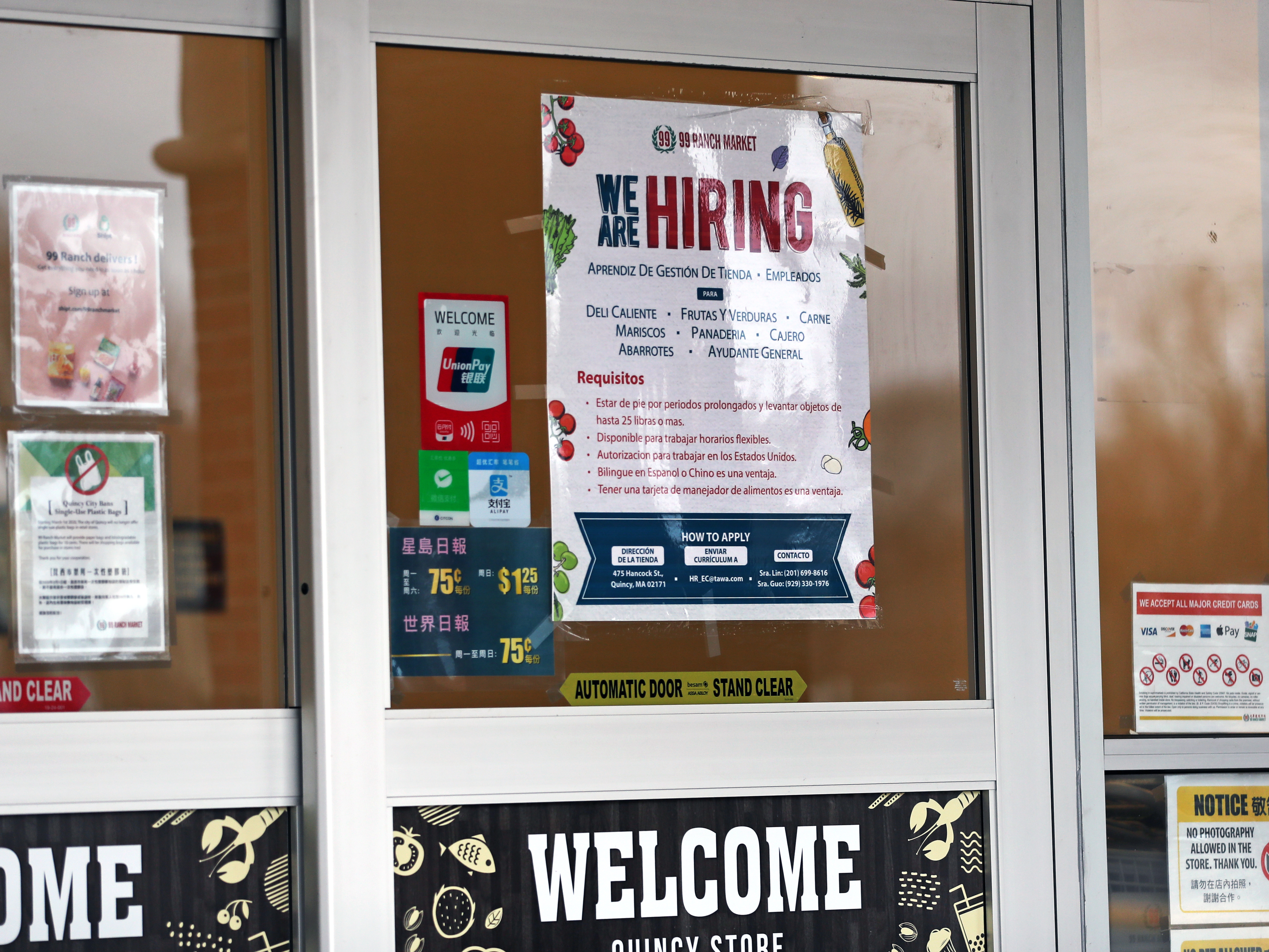 A hiring sign at 99 Ranch Market in Quincy.