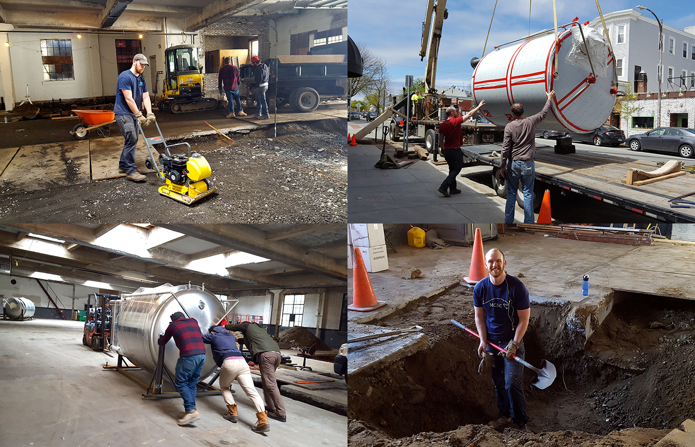 Scenes from transforming an auto repair shop into a craft brewery, including sweat equity put in by cofounder AC Jones (with shovel).