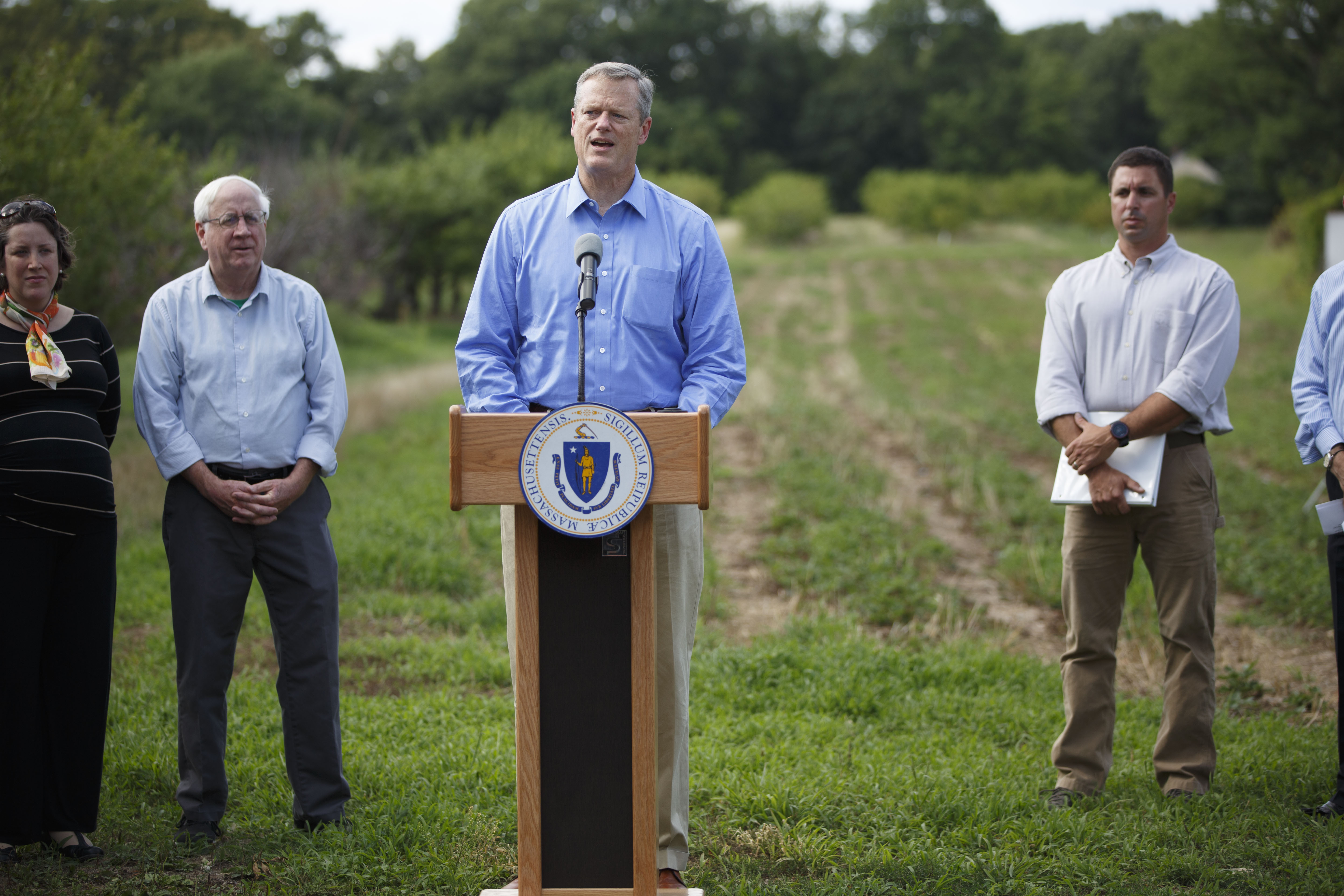 Massachusetts Governor Charlie Baker held a press conference at Smolak Farms in North Andover regarding the widespread and worstening drought hitting the state.