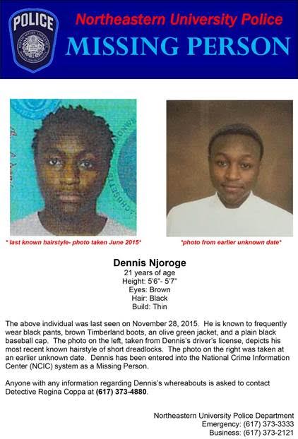 Dennis Njoroge, 21, hadn’t been heard from since Nov. 29.