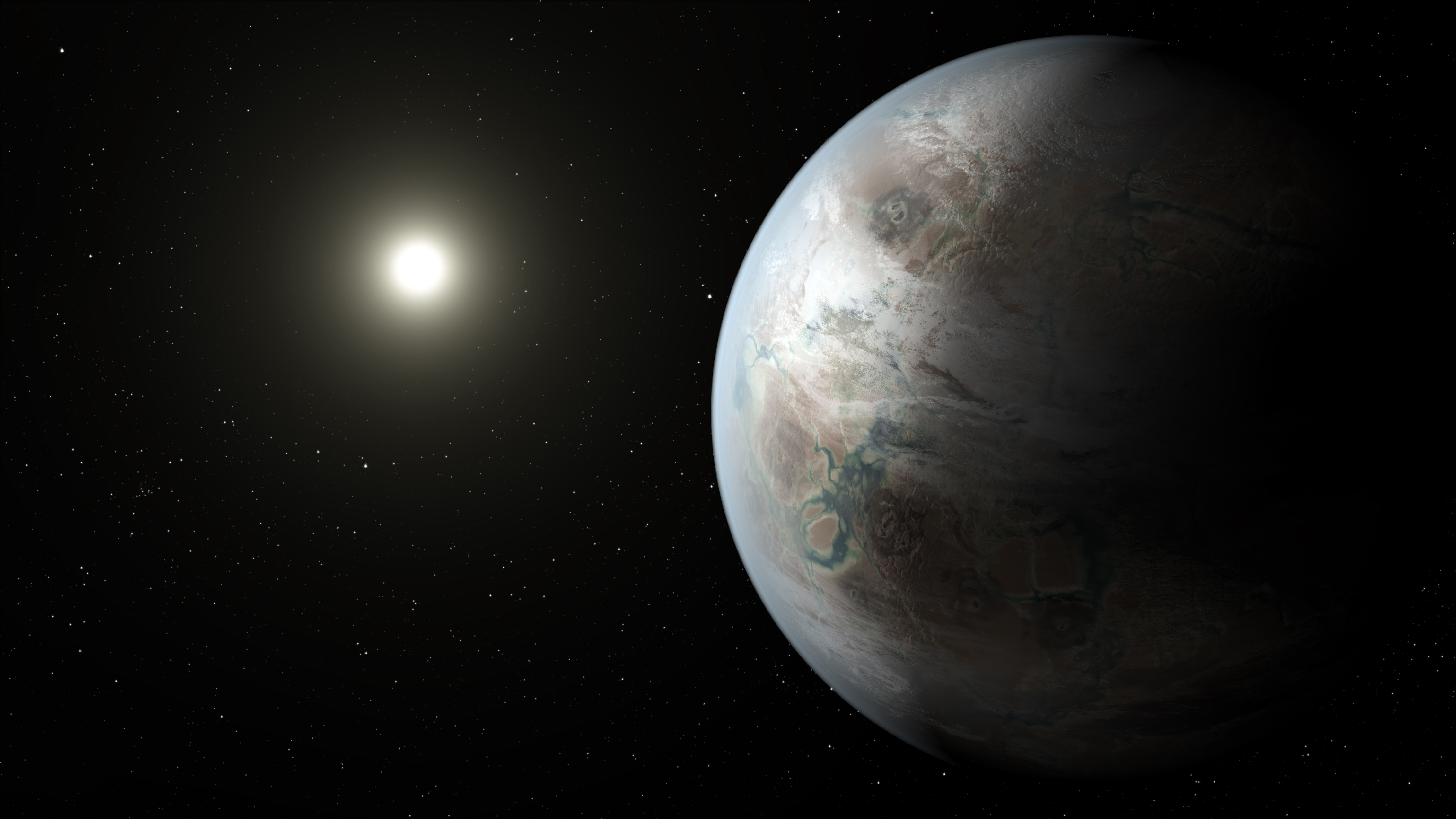 This artist’s concept depicts one possible appearance of the planet Kepler-452b.