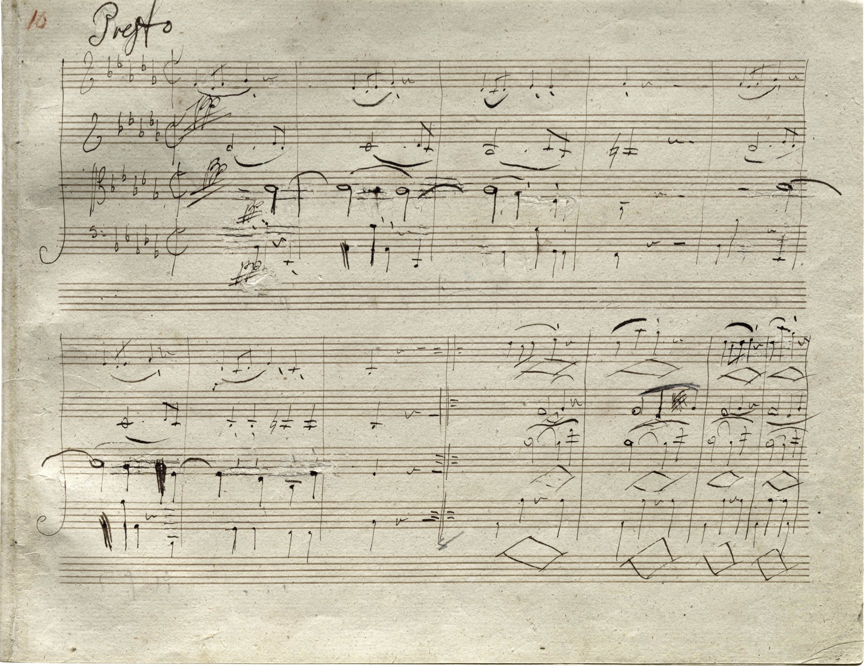 A page from the manuscript of Beethoven's String Quartet No. 13, Op. 130, in the composer's own hand. The first measure contains four pianissimos marked with two lines each.