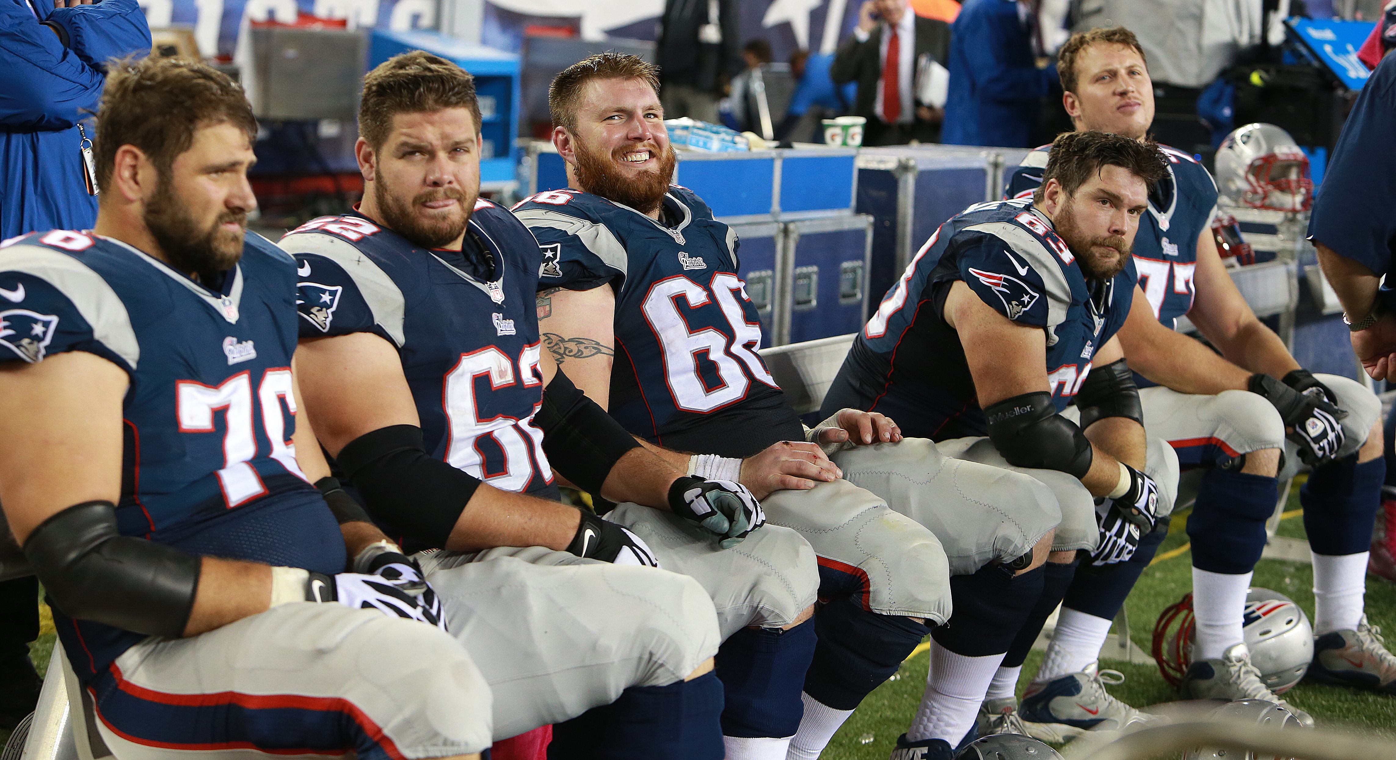 From left: Sebastian Vollmer, Ryan Wendell, Bryan Stork, Dan Connolly, and Nate Solder yielded just six sacks as a unit.