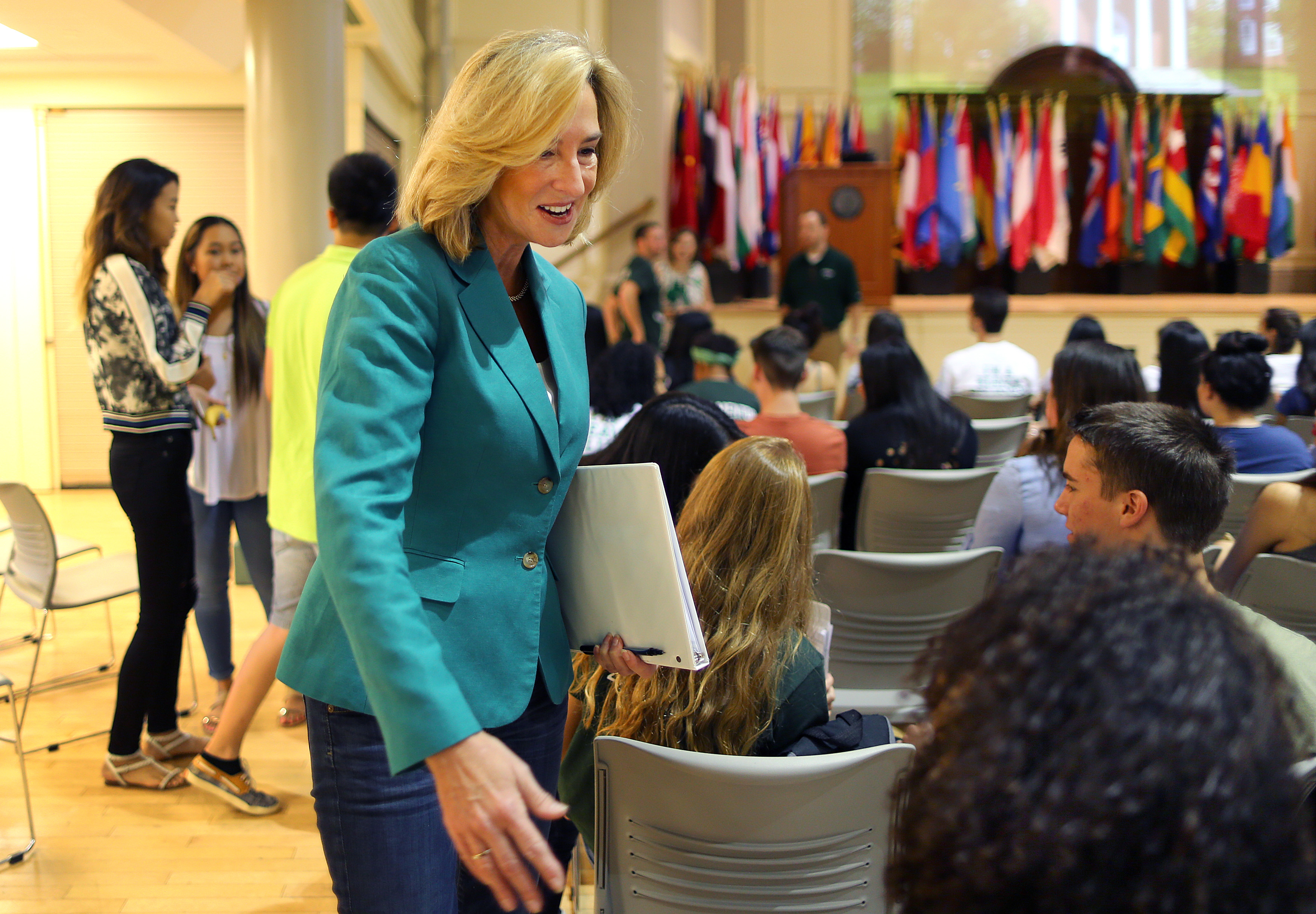 Babson College President Kerry Healey spoke last weekend with incoming freshmen for the Class of 2019, which is the first in the school’s history with a majority of women.