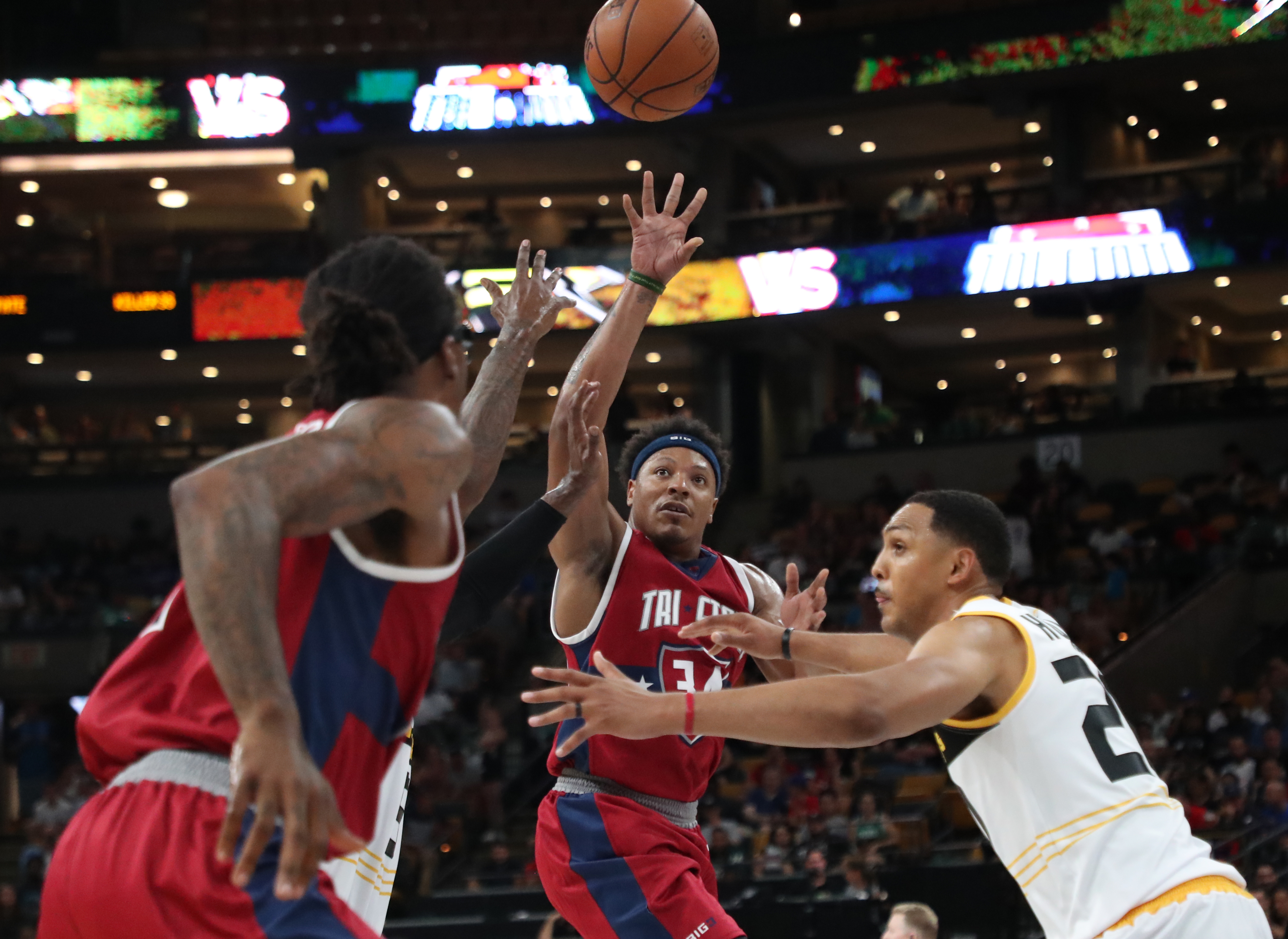 Tri State’s David Hawkins sends an ally-oop during their Big3 game at TD Garden on Friday.