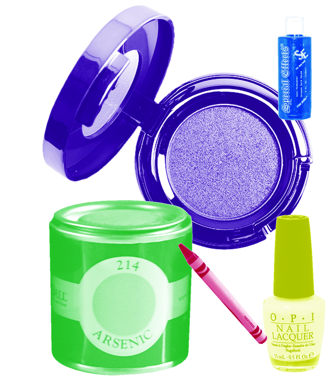 Some of the colorfully named products (clockwise from top left): Omen Eyeshadow from Urban Decay, Fish Bowl Special Effects hair dye, Need Sunglasses nail polish from OPI, Razzmatazz Crayola crayon, Arsenic paint from Farrow & Ball.