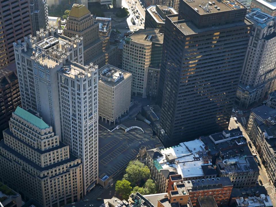 A 2014 aerial view showed the Winthrop Square Garage dwarfed by its taller neighbors.