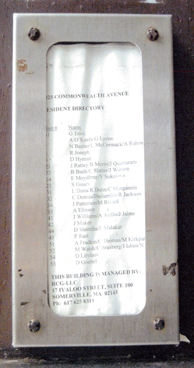 Owners of apartment buildings are legally required to post their contact information for tenants in the lobby of their buildings. But the owners of 1325 Commonwealth Ave. failed to replace the sign that listed the prior owner.