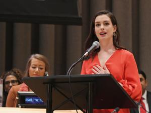 Actress Anne Hathaway spoke during 2017 International Women's Day at United Nations Headquarters.