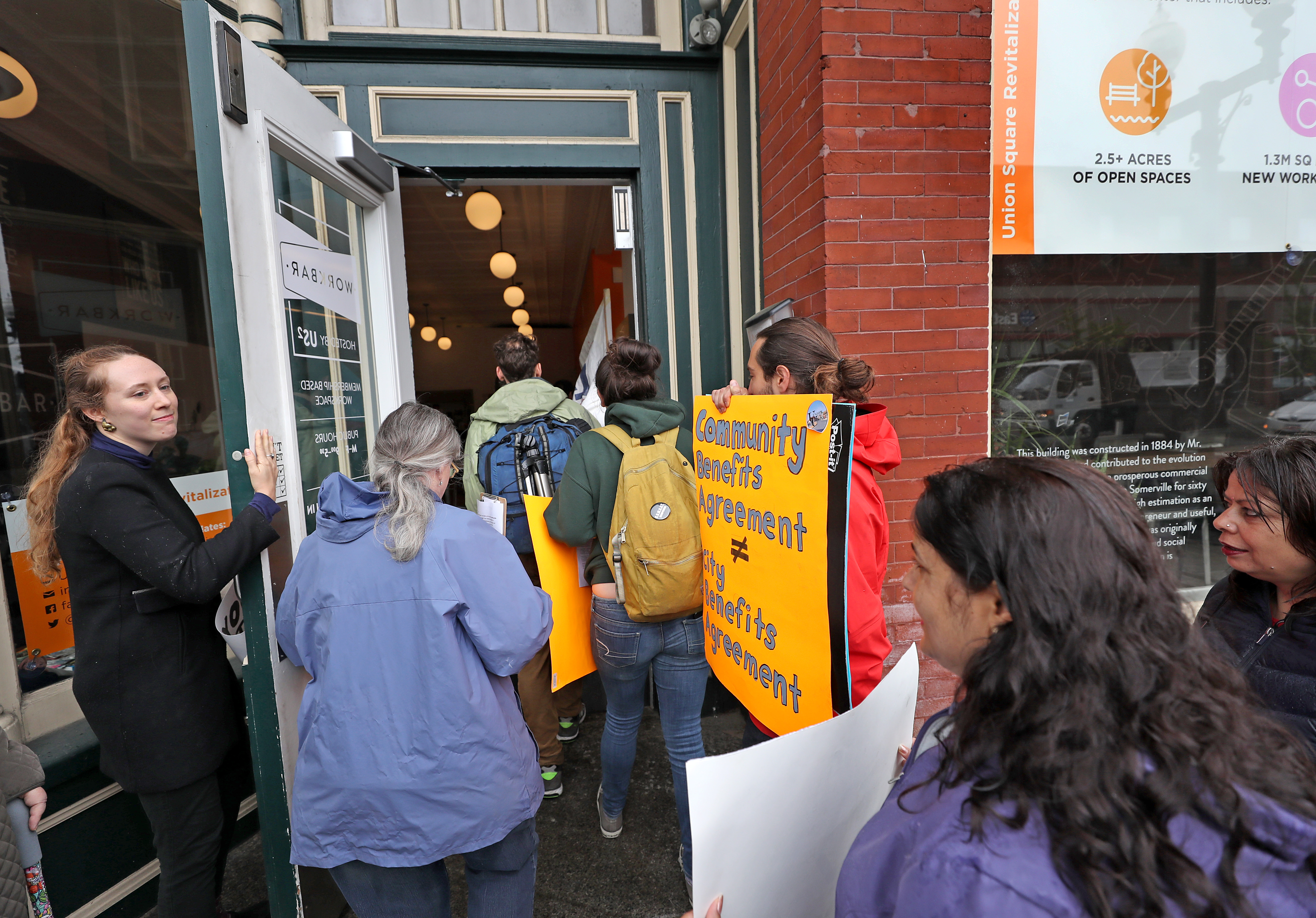 People from the Union Square area went to the offices of US2 last week to press the case for community benefits as the developer remakes the square.